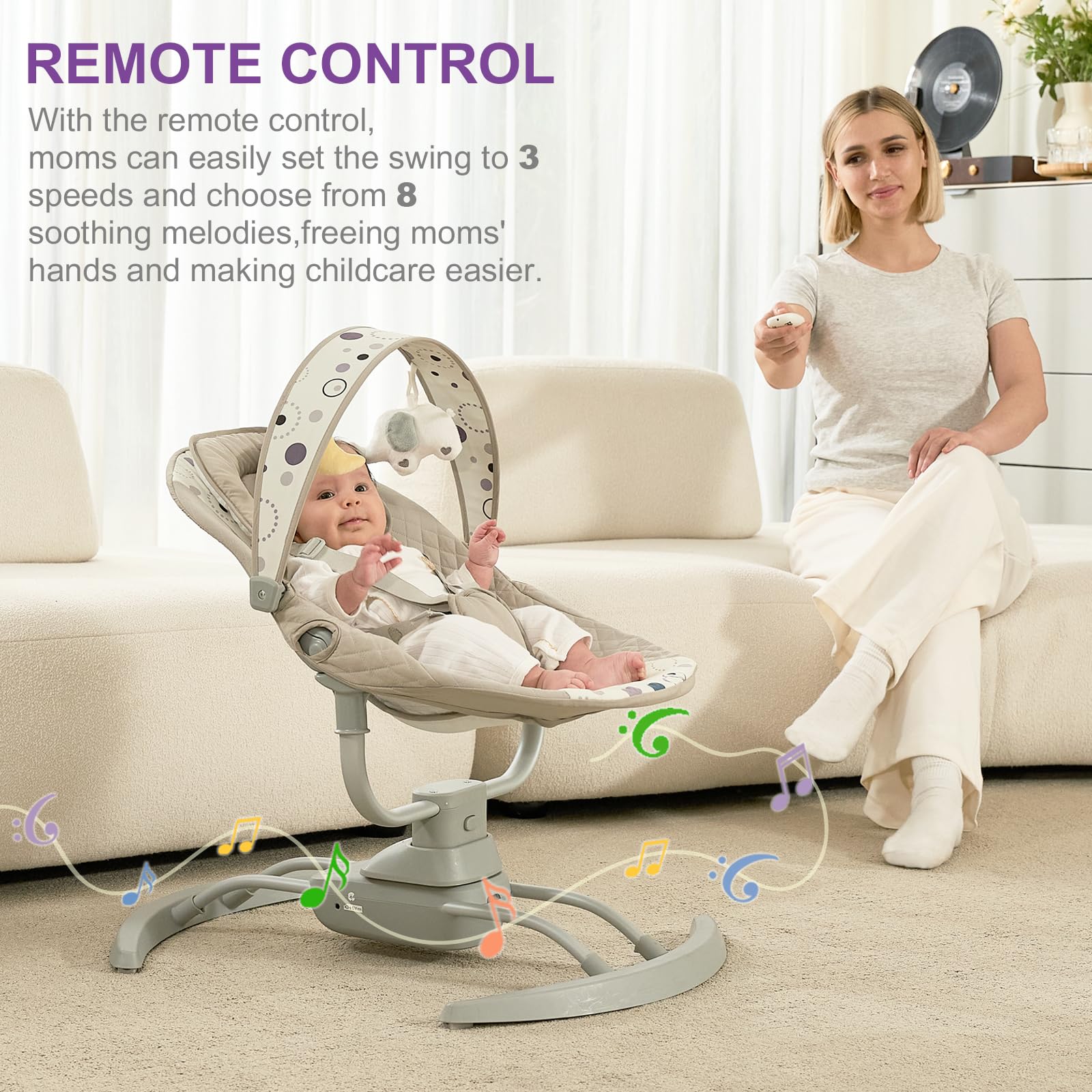 Electric Baby Swing for Newborns 5-20 lbs - Portable Infant Swing with 3 Speed Settings, 8 Soothing Music Tones, Adjustable Recline - AC/Battery Powered for Indoor & Outdoor Use - Perfect for Nursery, Travel, and Playtime