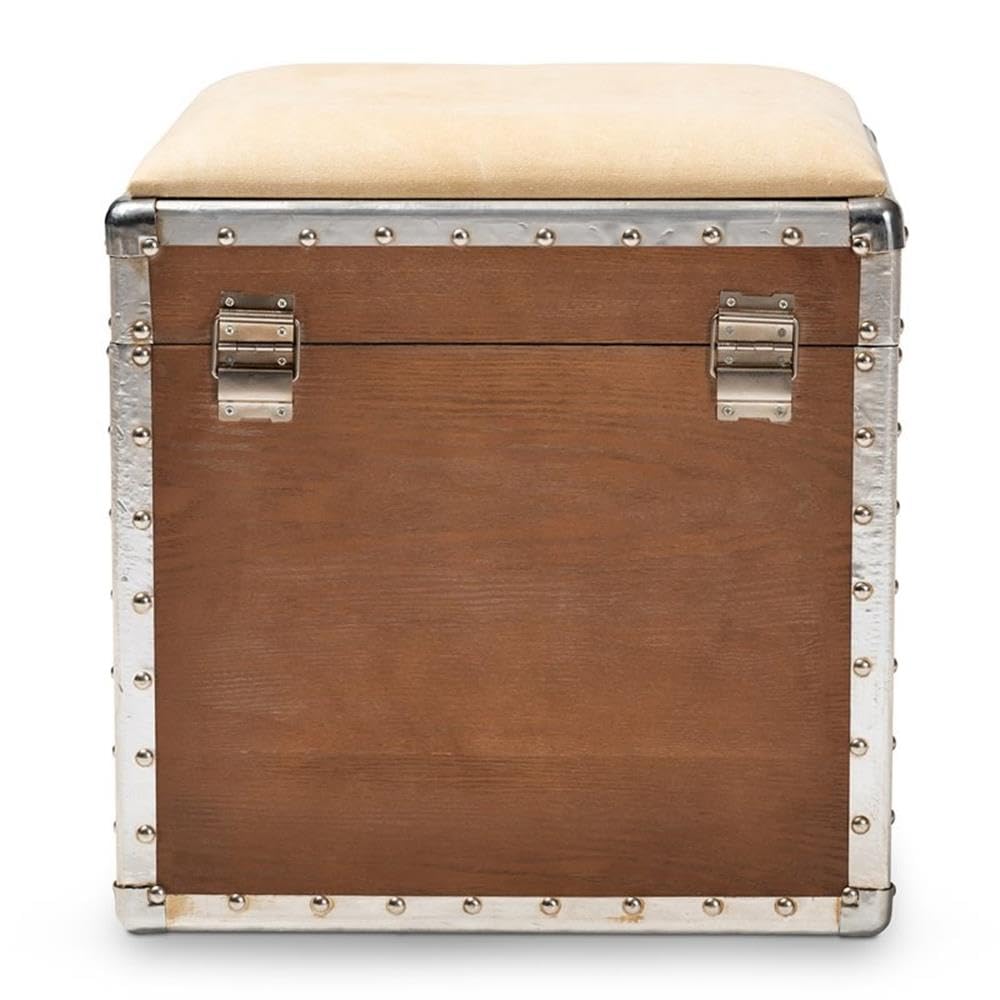 BOWERY HILL Beige Fabric and Wood Storage Ottoman - Versatile Footrest, Extra Seating & Living Room Storage Solution