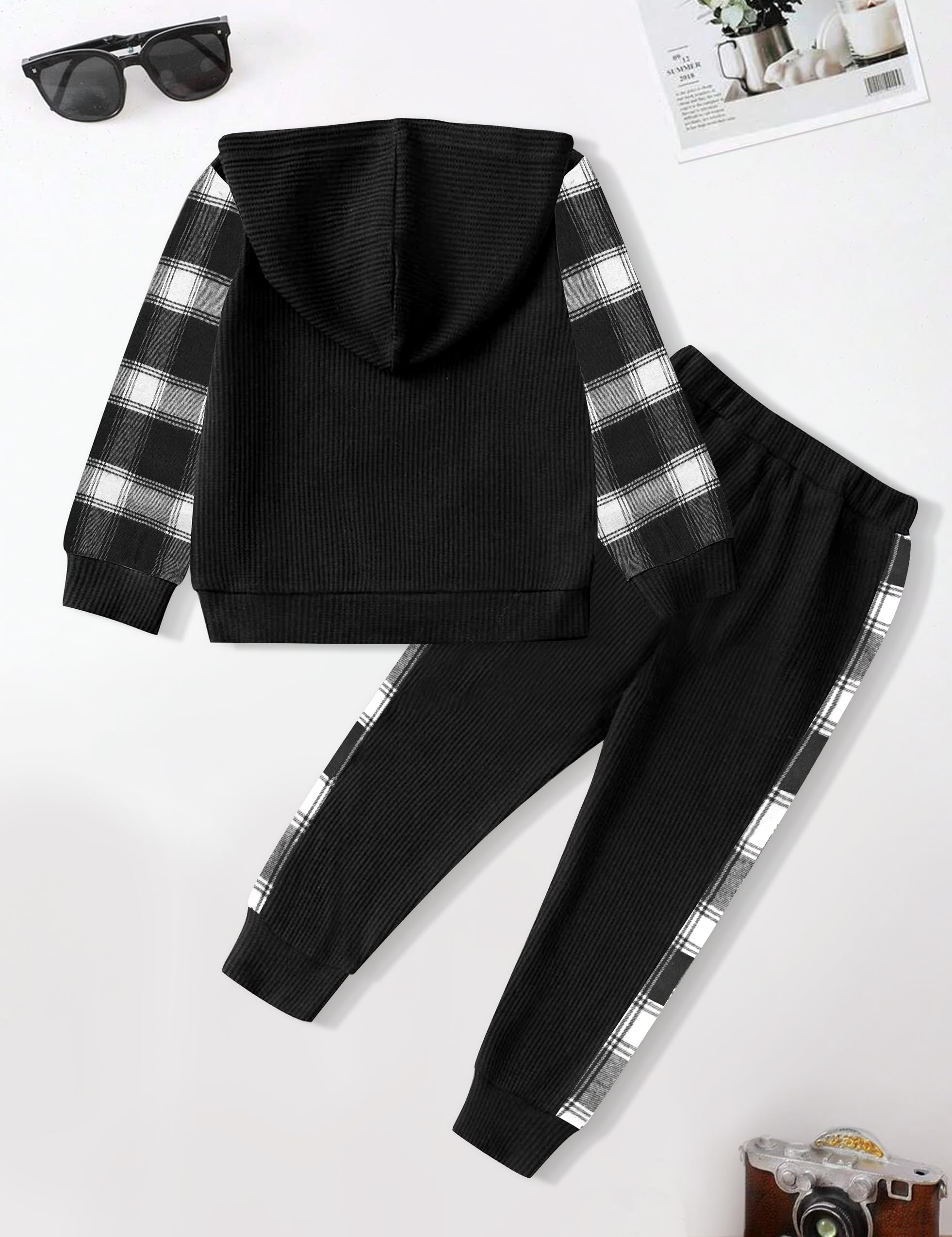 Boys' Waffle Plaid Hoodie & Patchwork Casual Pants 2-Piece Set - Warm Fall Winter Outfits with Pockets for Toddlers | Playdates, Preschool & Outdoor Activities
