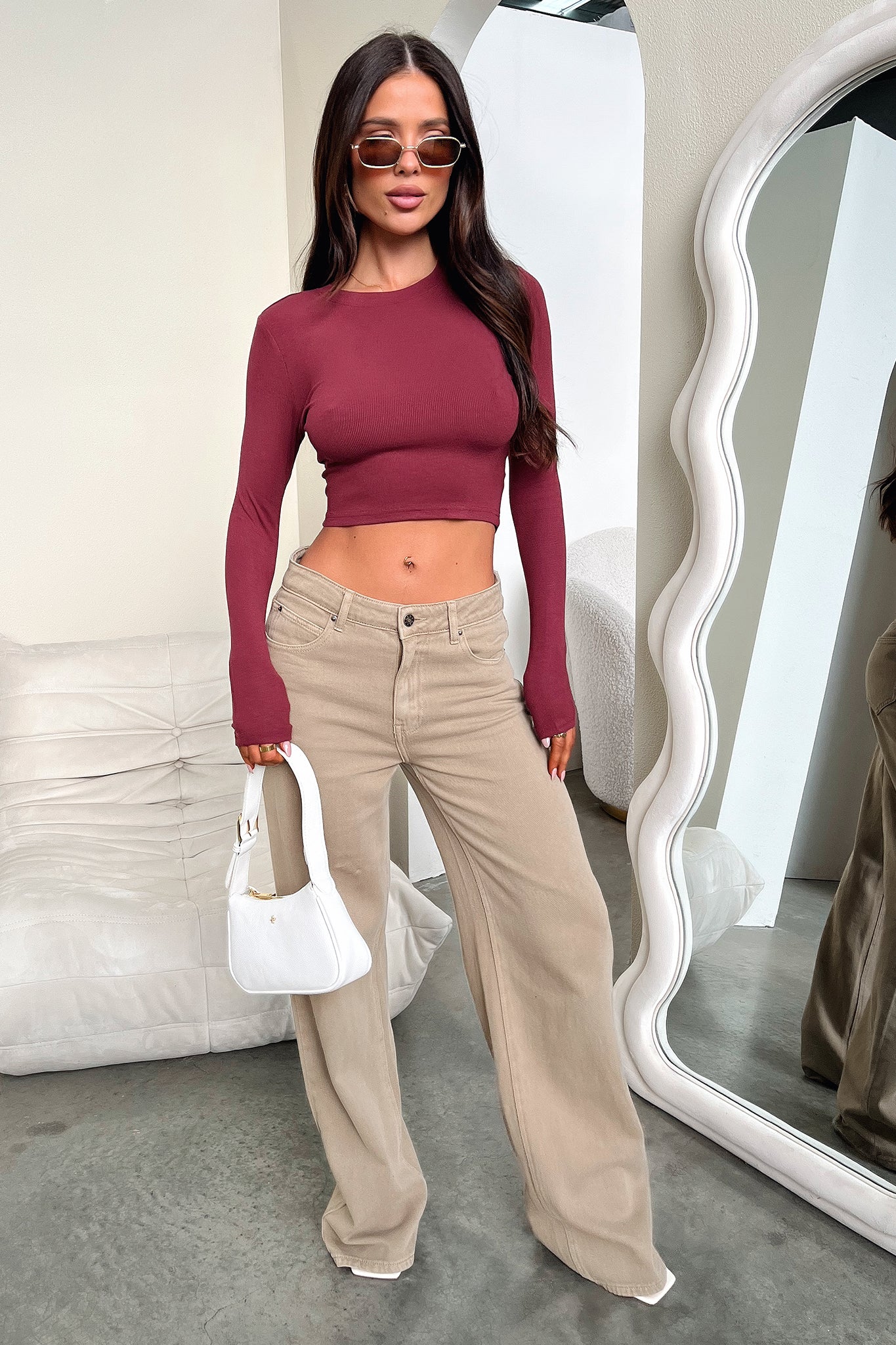 Jaylee Long Sleeve Baby Tee for Women - Soft Stretch Wine Red T-Shirt - Casual & Comfortable Top for Everyday Wear, Outfits, and Layering