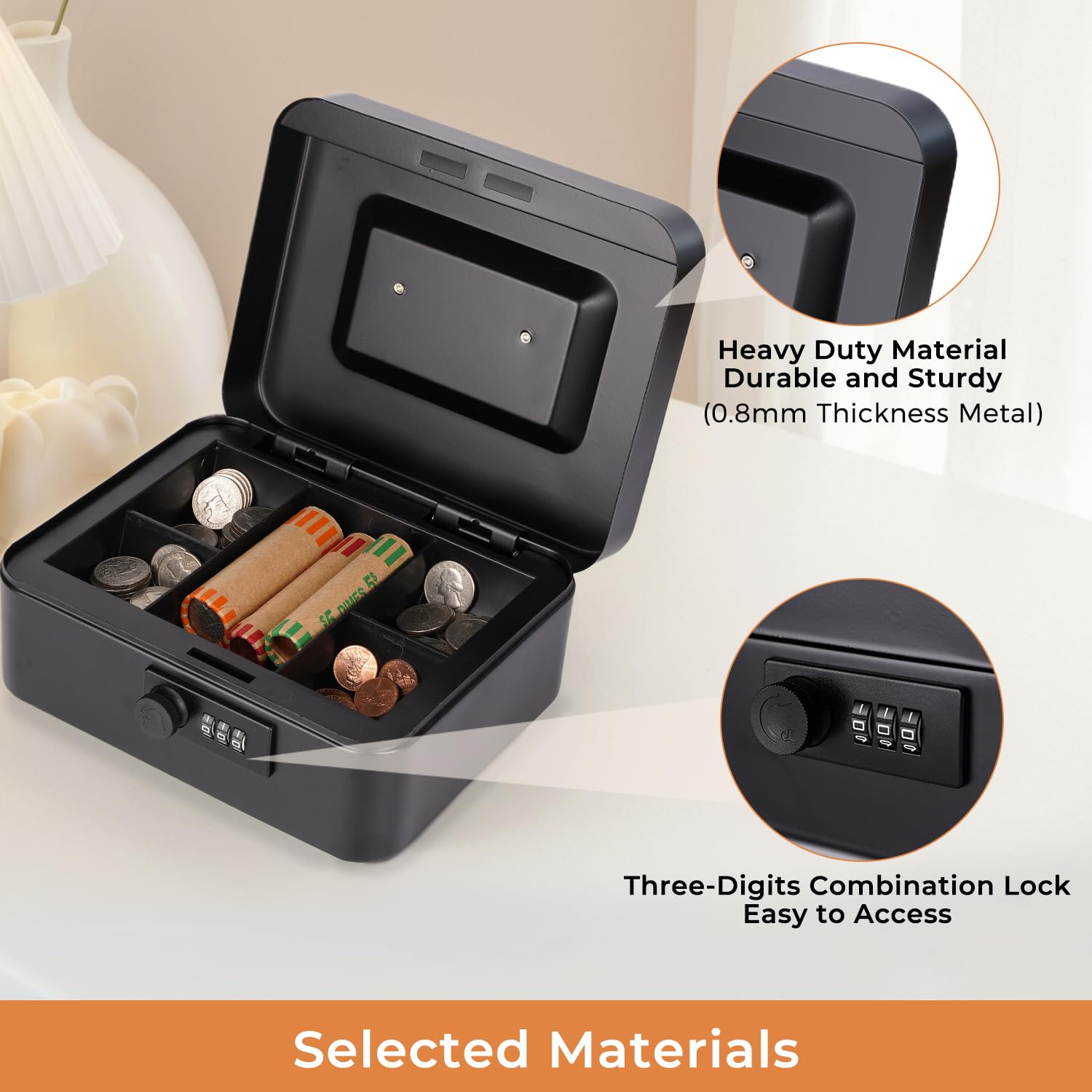 Heavy Duty Metal Cash Box with Money Tray & Combination Lock - 7.87
