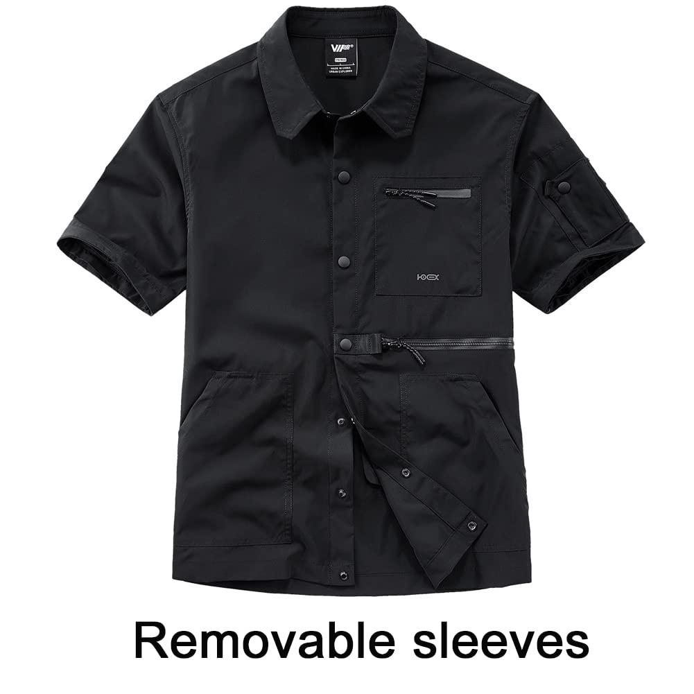 Black Cargo Shirt for Men - Long Sleeve Tactical Shirt with Removable Sleeves | Hip Hop Streetwear & Techwear Style | Perfect for Outdoor Adventures, Urban Fashion & Military Inspired Looks