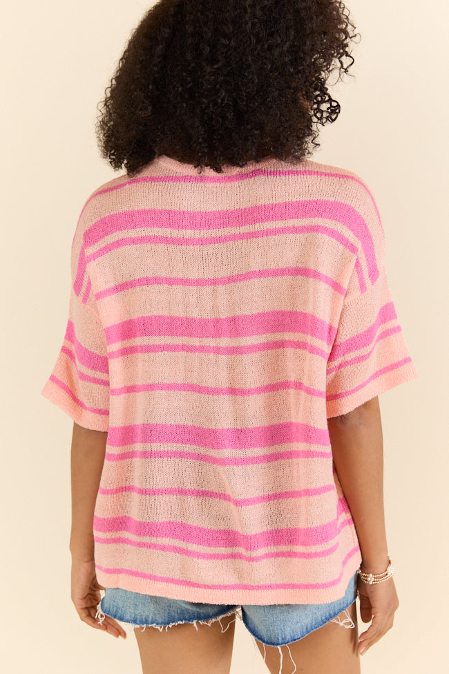 Beside Me Coral & Pink Striped Short Sleeve Sweater for Women | Soft Knit Pullover | Casual Spring Summer Top | Perfect for Beach Outings & Weekend Brunch