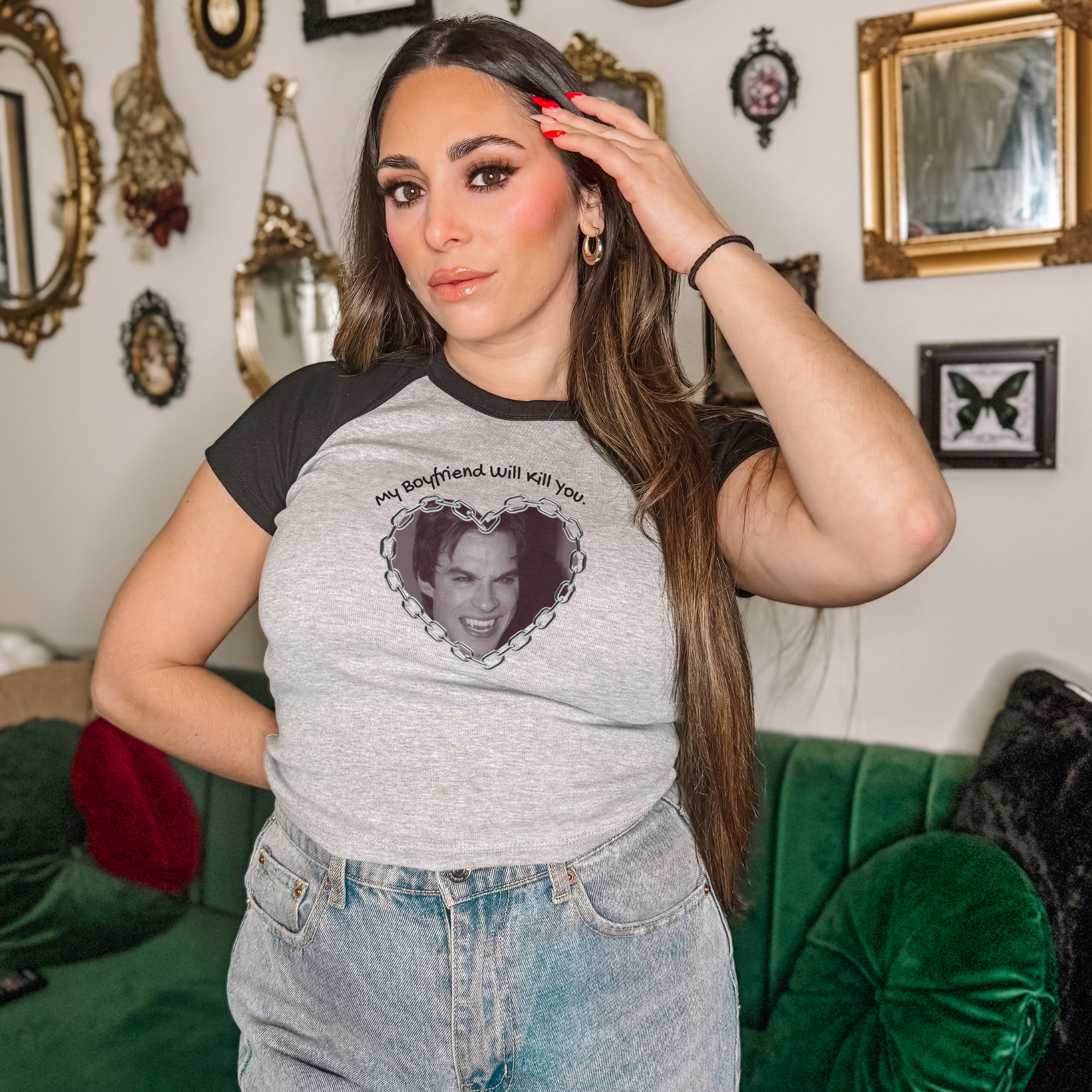 My Boyfriend Will Kill You Baby Tee - Funny Couple T-Shirt for Women - Cute & Trendy Graphic Tee - Perfect for Date Nights & Couple Outfits