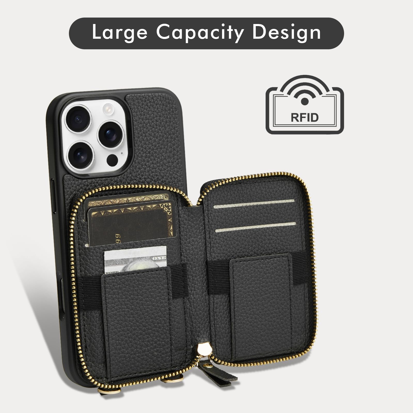 LAMEEKU iPhone 15 Pro Max Wallet Case with Card Holder & Kickstand - Leather Zipper Crossbody Phone Case with Wrist Strap & Lanyard - 6.7