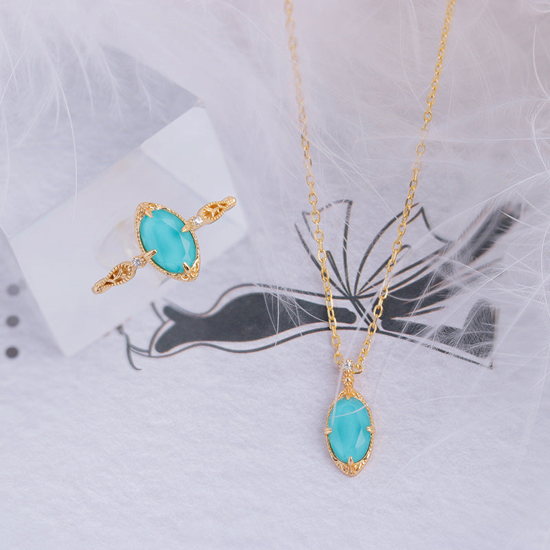 14K Gold Turquoise Clear Quartz Filigree Ring Set - Elegant Dainty Jewelry for Women | Perfect for Weddings, Parties & Everyday Wear | HJZB 360