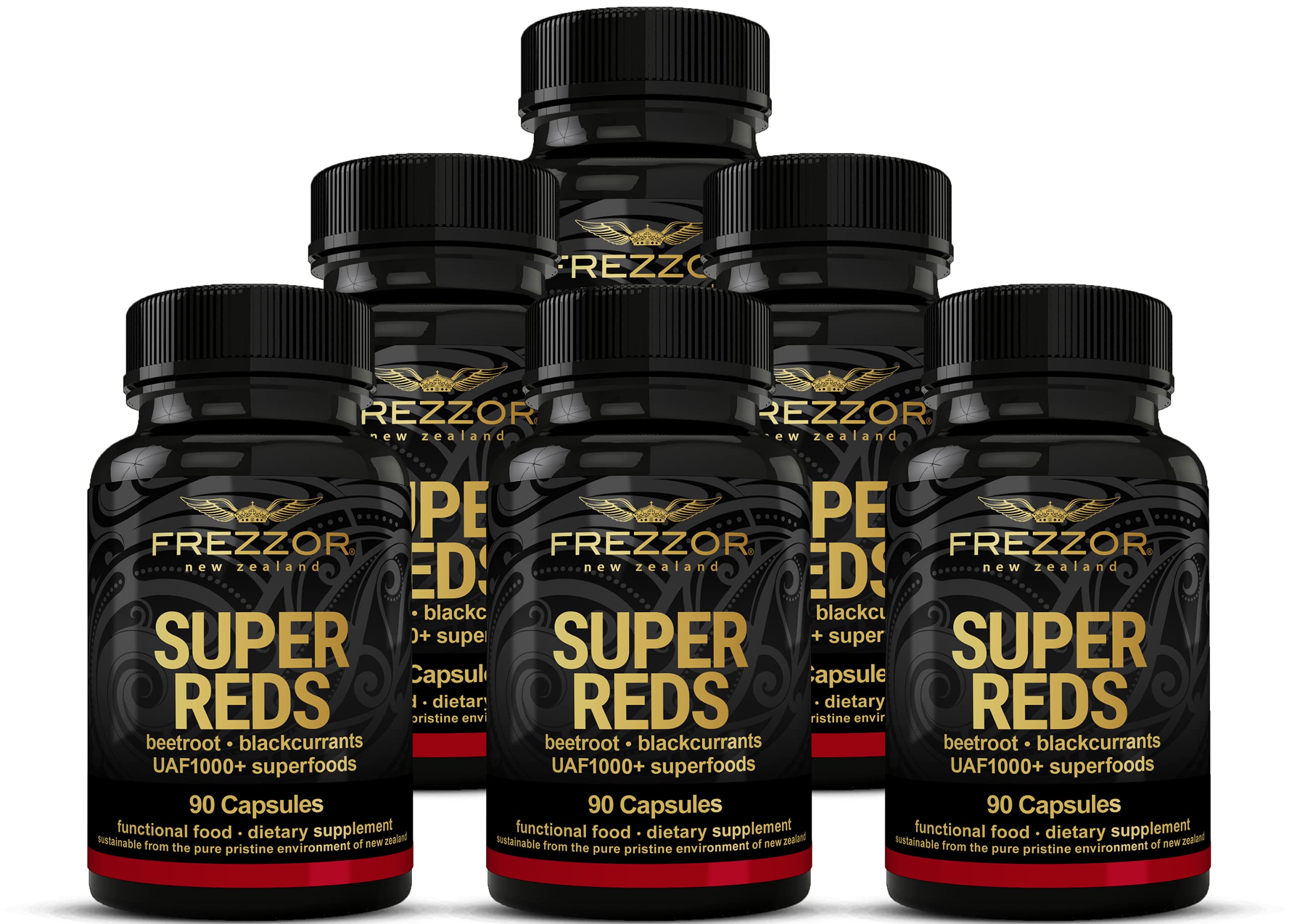 FREZZOR Super Reds Capsules with UAF1000+ | All-Natural New Zealand Red Superfood Energy Supplement | Antioxidant-Rich Red Fruits, Vegetables & Beets | 540 Capsules (6 Bottles) | Boost Energy & Immunity for Active Lifestyles