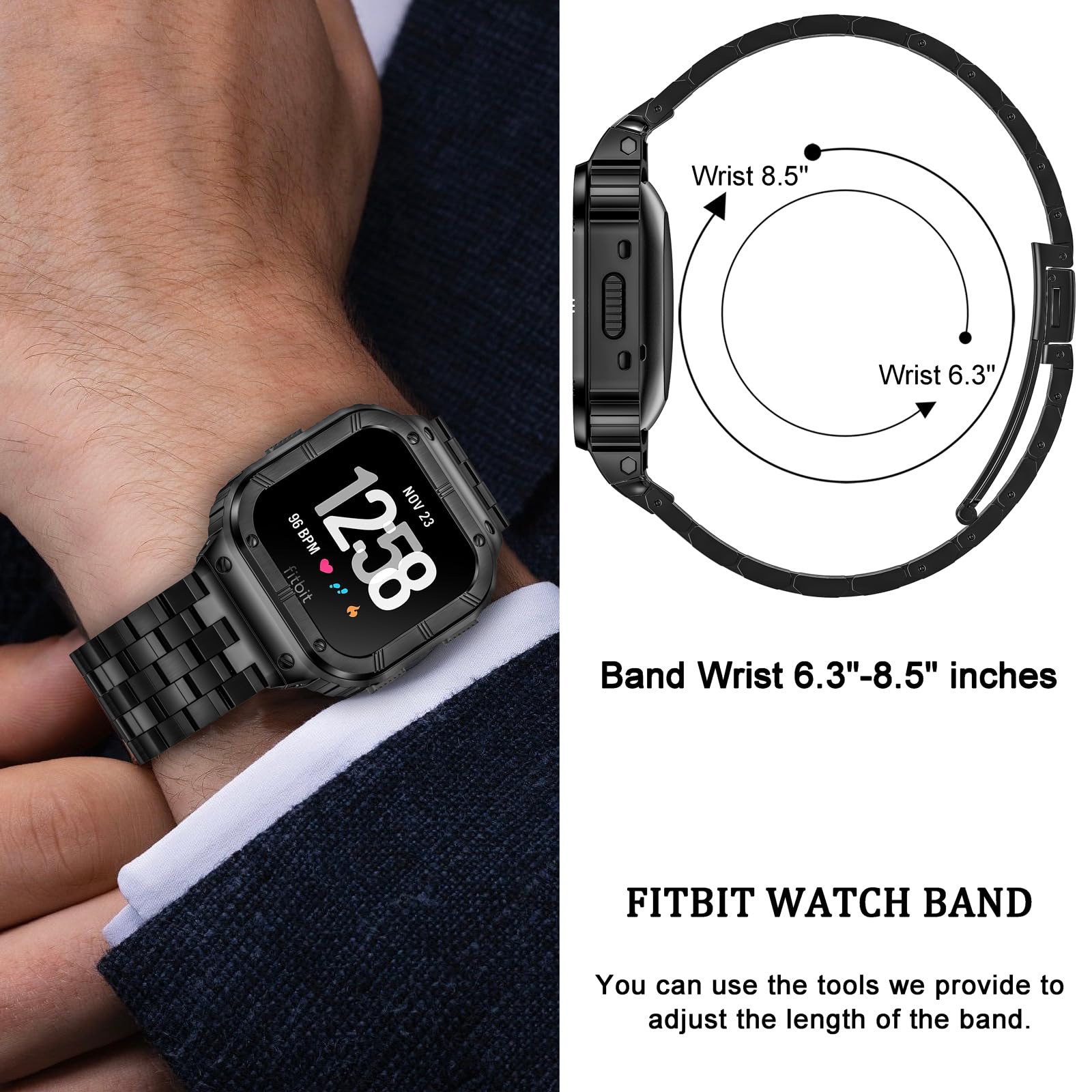 SUPLINK Stainless Steel Watch Band Compatible with Fitbit Versa 4/3/2/Versa Lite & Fitbit Sense/Sense 2 - Durable Metal Strap with Protector Cover for Men (Black) | Perfect for Workouts, Office Wear & Everyday Use