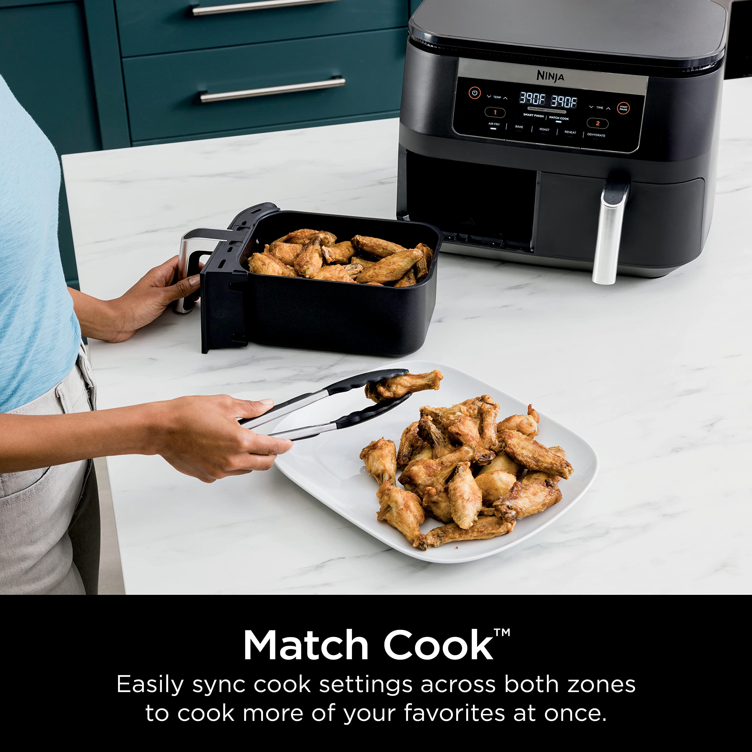 Ninja DZ090 Foodi 6 Quart 5-in-1 DualZone Air Fryer with 2 Independent Baskets - Smart Finish Technology for Roasting, Baking, Dehydrating - Perfect for Quick Snacks, Small Meals & Family Cooking - Black