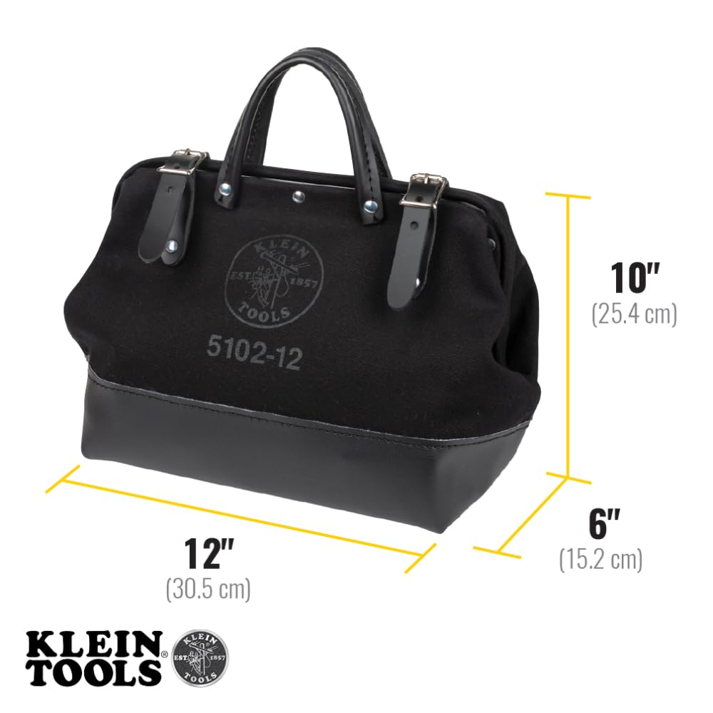 Klein Tools 510212BLK Heavy Duty Black Canvas Tool Bag - 12-Inch Professional Tool Tote with Wide Hinged Opening & Leather Handles - Perfect for Electricians, Contractors & DIY Projects