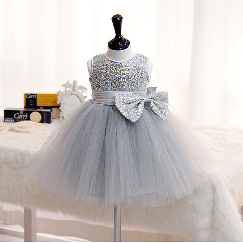 Elegant Dusty Blue A-Line Flower Girl Dress with Sparkling Sequins & Bow - Perfect for Weddings, Parties & Special Occasions
