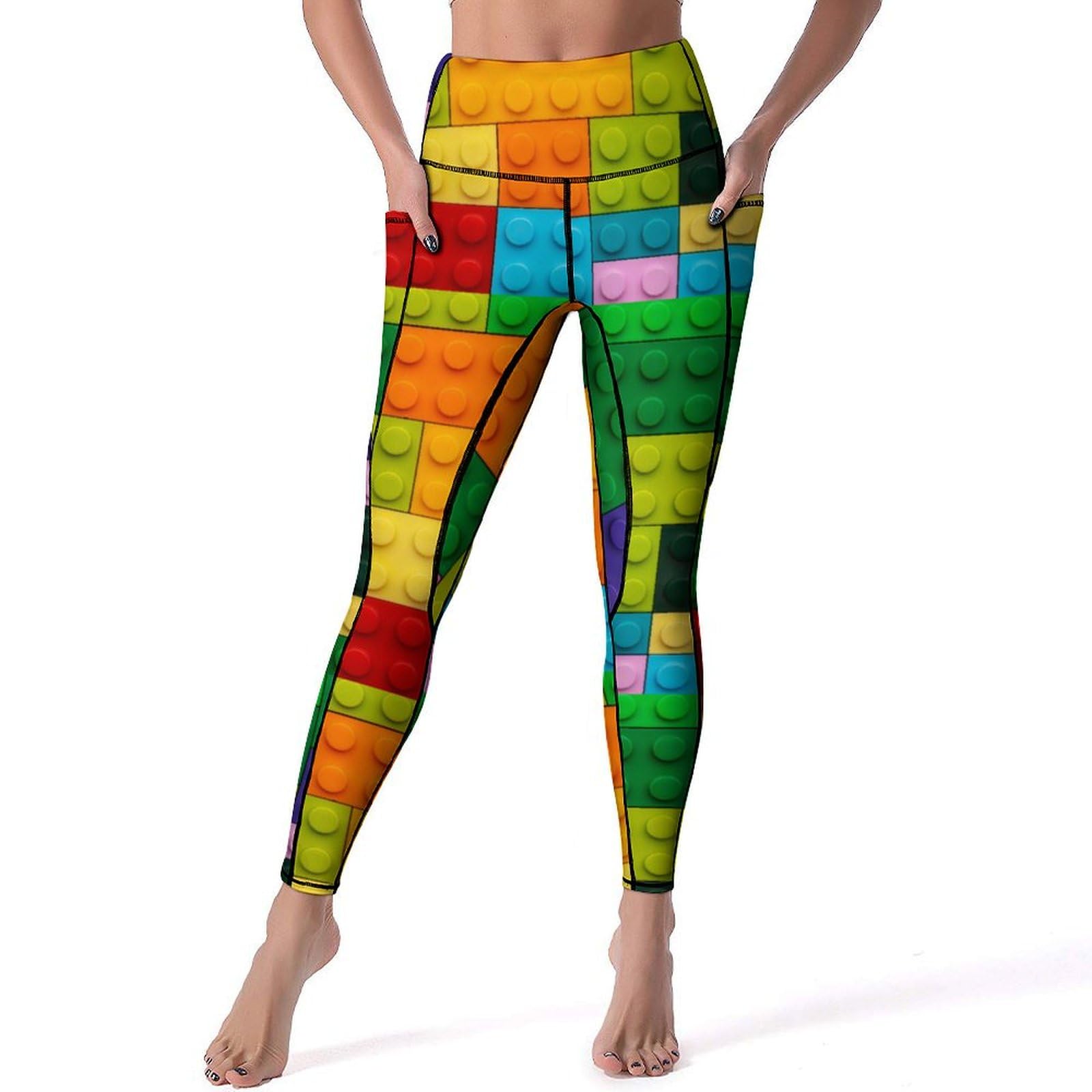 Vibrant Colorful Building Blocks Leggings for Women - High Waisted Soft Yoga Pants with Pockets | Perfect for Workouts, Gym, Running & Casual Wear