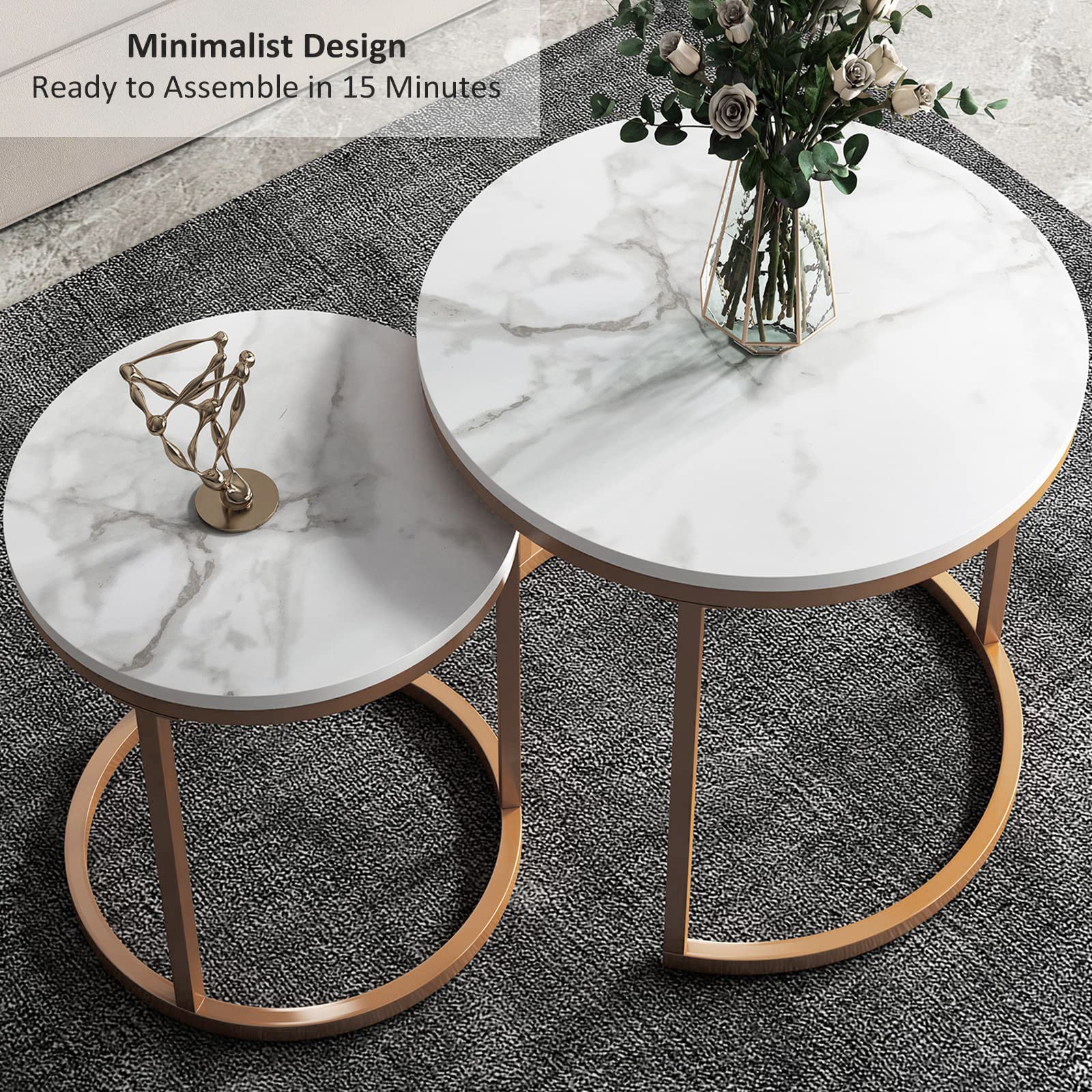 Modern Nesting Coffee Table Set - Faux Marble & Gold Metal Frame Side End Tables for Living Room, Bedroom, Office - Perfect for Small Spaces & Home Decor