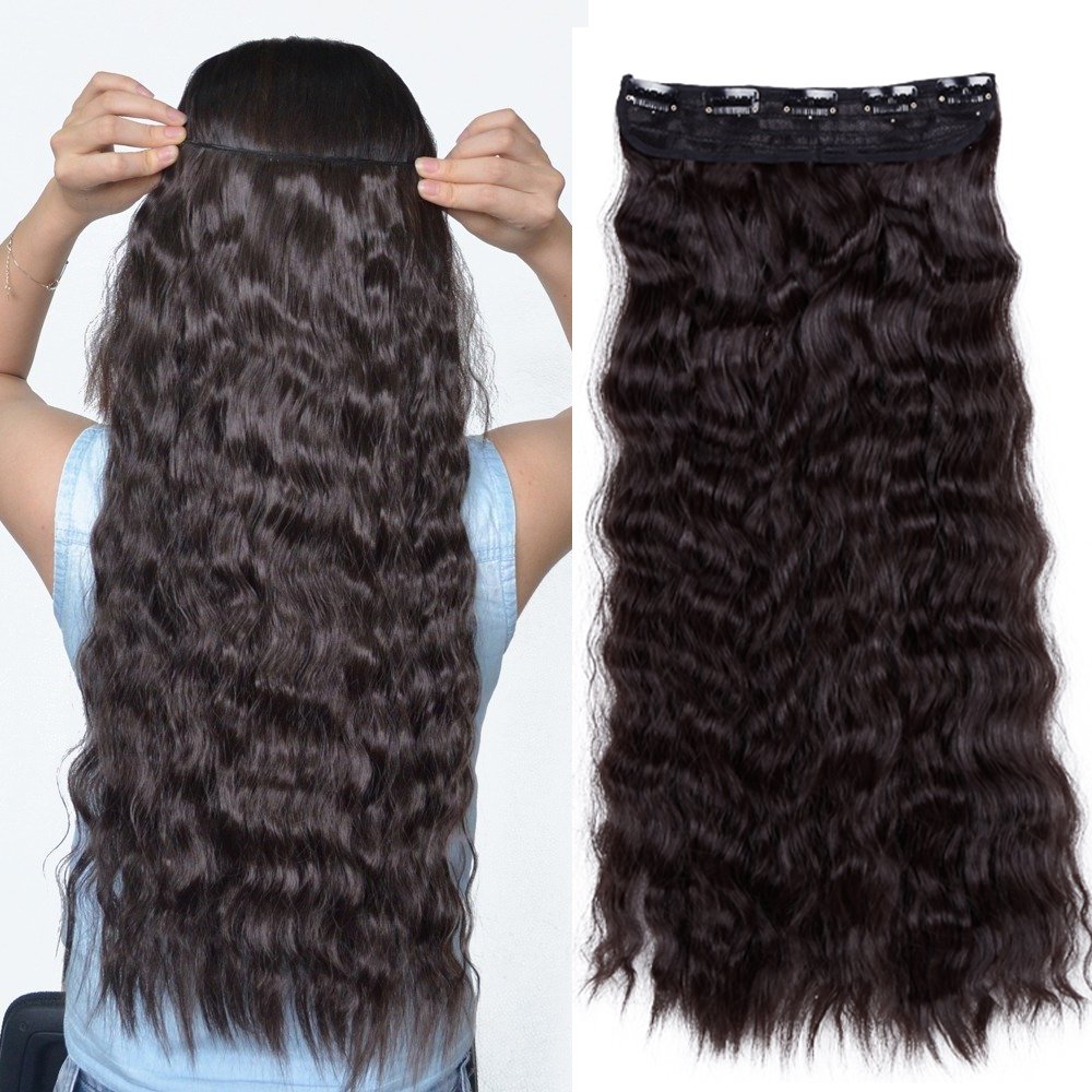 22 Inch One Piece Clip in Hair Extensions - Dark Brown Synthetic Curly Wavy Hairpiece (120g, 5 Clips) for Women | Perfect for Parties, Weddings & Daily Styling