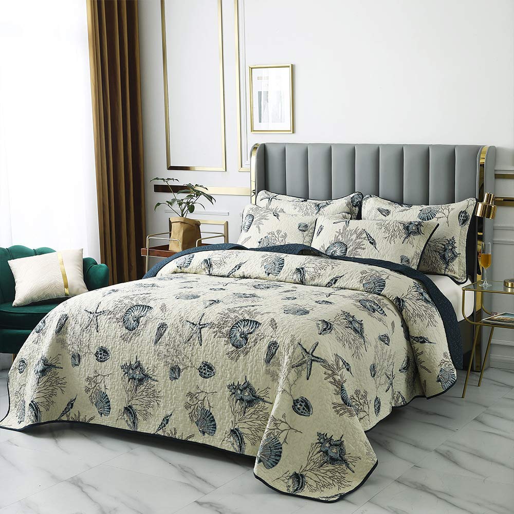 Brandream 7-Piece Nautical Bed in a Bag Coastal Beach Seashells Bedding Set Queen Size (Quilt, Pillow Shams, Fitted Sheet, Flat Sheet, Pillowcases) - Perfect for Beach House Decor, Guest Room & Coastal Themed Bedrooms
