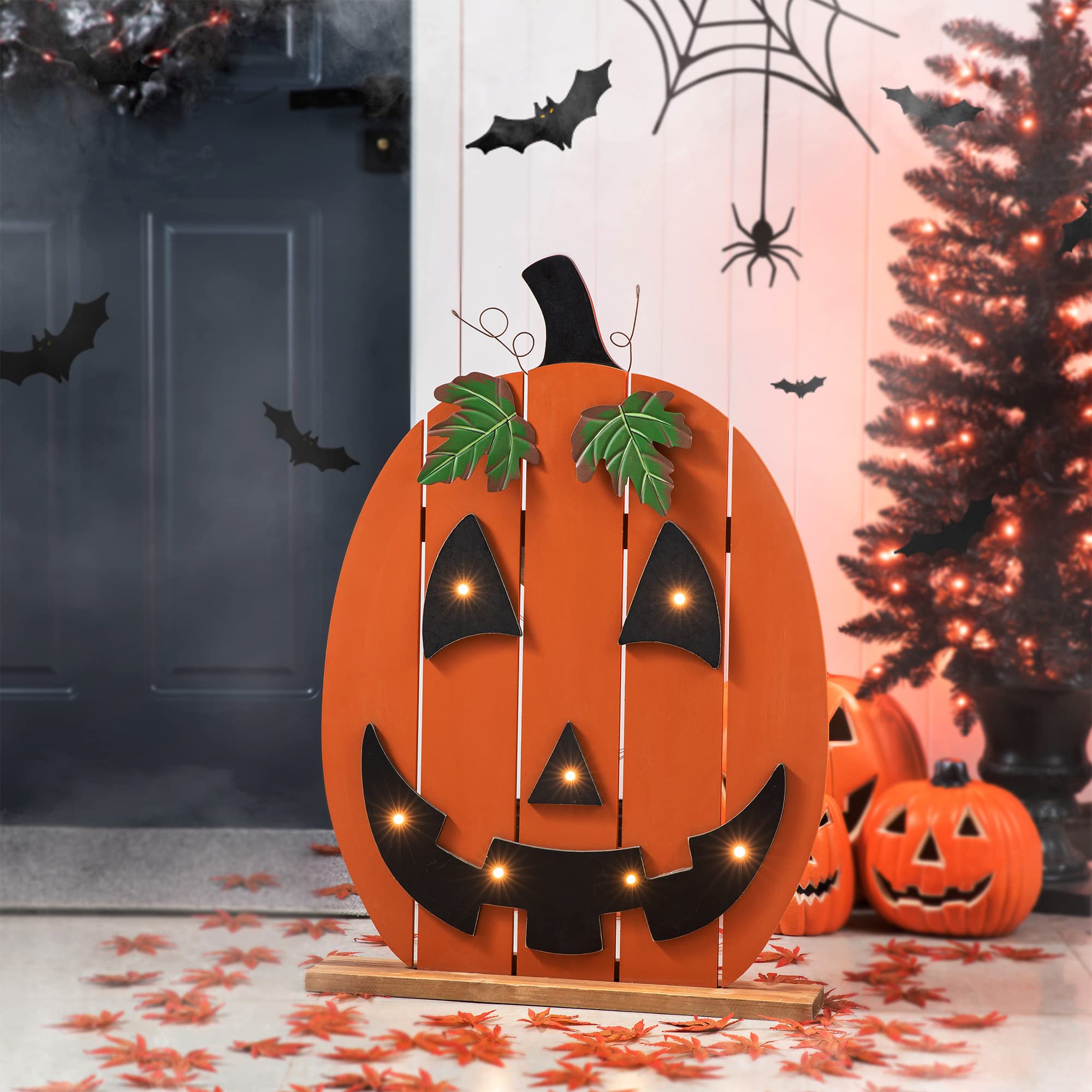 Glitzhome 30-Inch Wooden Halloween Porch Sign with Timer & 7 LED Jack-O'-Lanterns - Outdoor Fall Decor for Porch, Yard, and Halloween Party Decorations