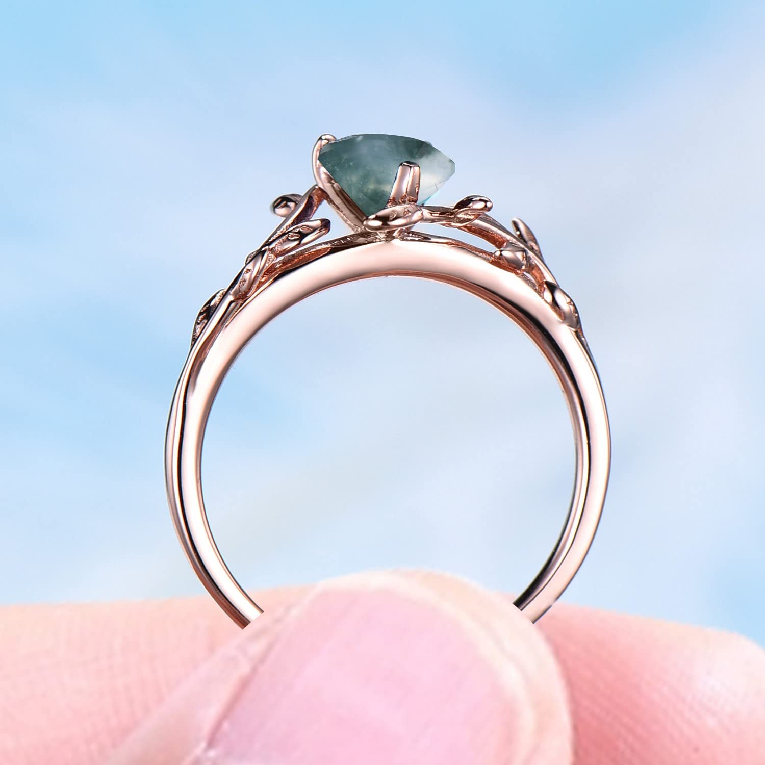 Natural Green Moss Agate Pear Shape Engagement Ring - Vintage Solitaire Crystal Healing Ring with Leaf Design - Unique Promise Ring for Women, Wedding, Anniversary & Spiritual Energy Jewelry Gift