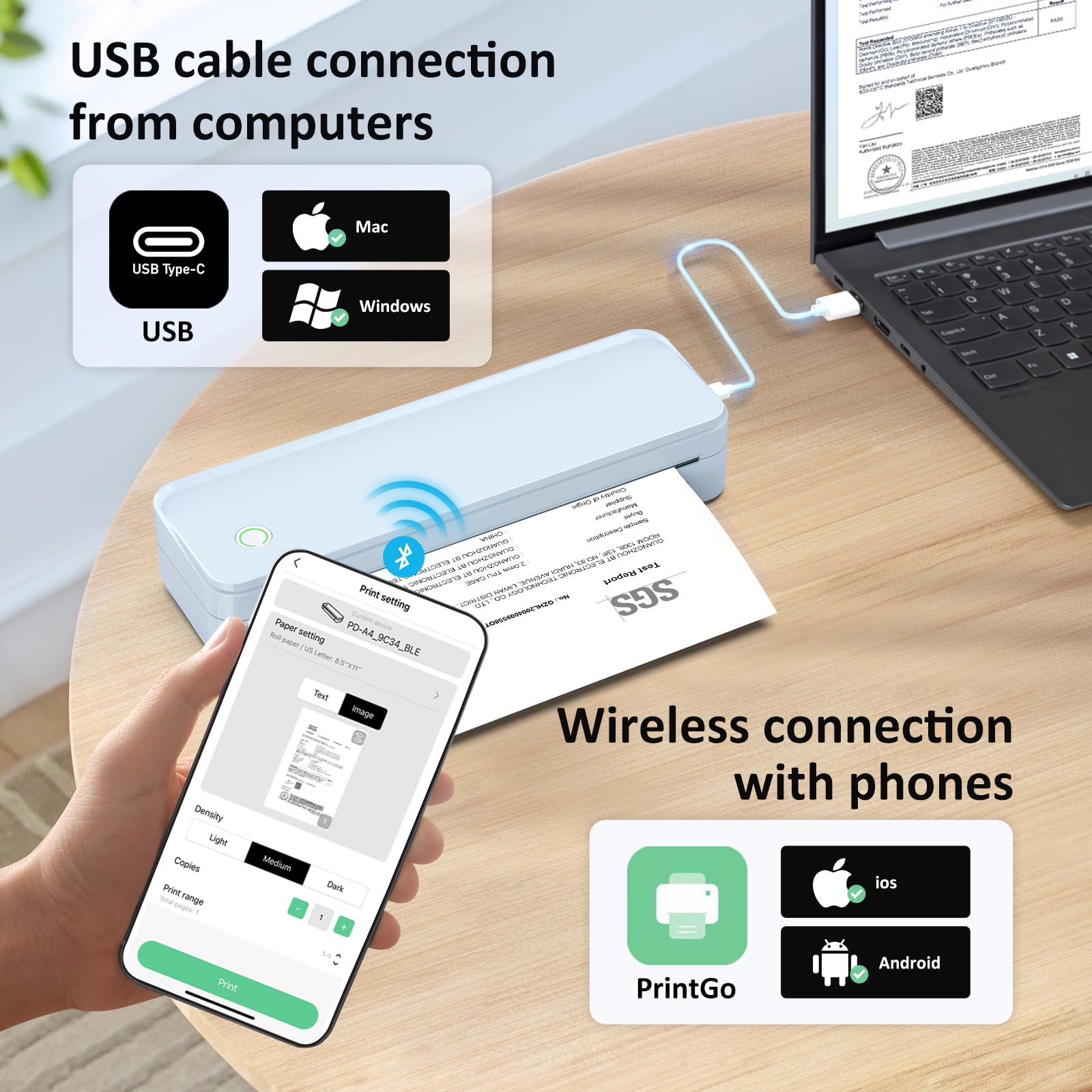 Wireless Thermal Printer for Travel - Portable Inkless Printer with Bluetooth, Supports 8.5