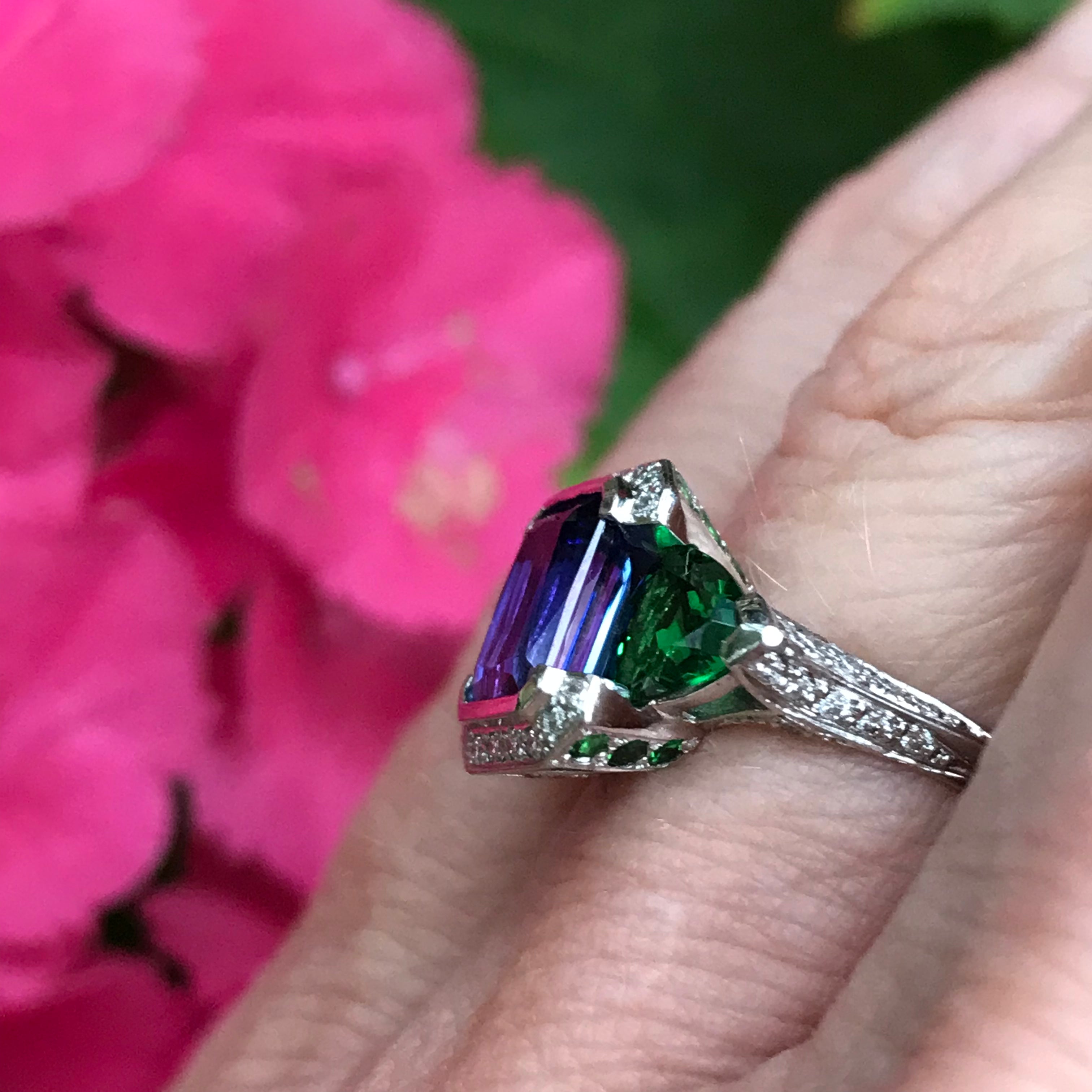 Exquisite Handcrafted Platinum Tanzanite & Tsavorite Diamond Ring for Women | Elegant Engagement, Wedding & Anniversary Jewelry Gift