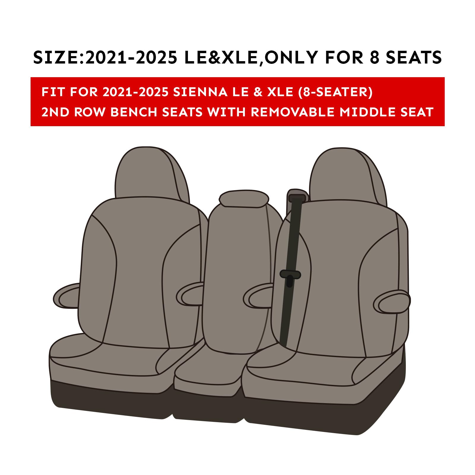 EKR Custom Fit Leather Seat Covers for 2021-2025 Toyota Sienna LE XLE 8 Seater | 2nd Row 4/2/4 Split | 3 Row Full Set | Black & Gray | Perfect for Family Road Trips & Daily Commute