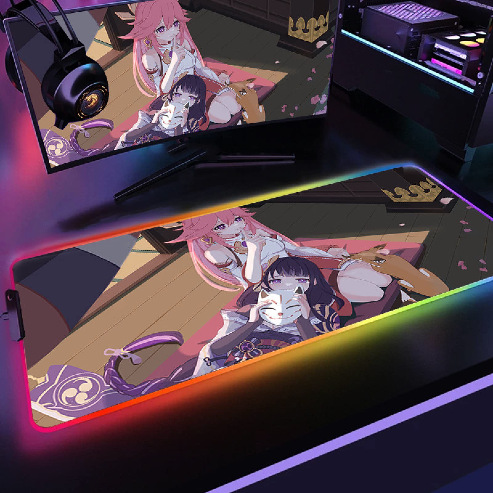 Yae Miko RGB Gaming Mouse Pad - Large Extended Soft LED Mouse Mat with 14 Lighting Modes (12x31.5 Inch) for PC Computer Setup | Anime Themed Desk Accessory for Gamers & Streamers