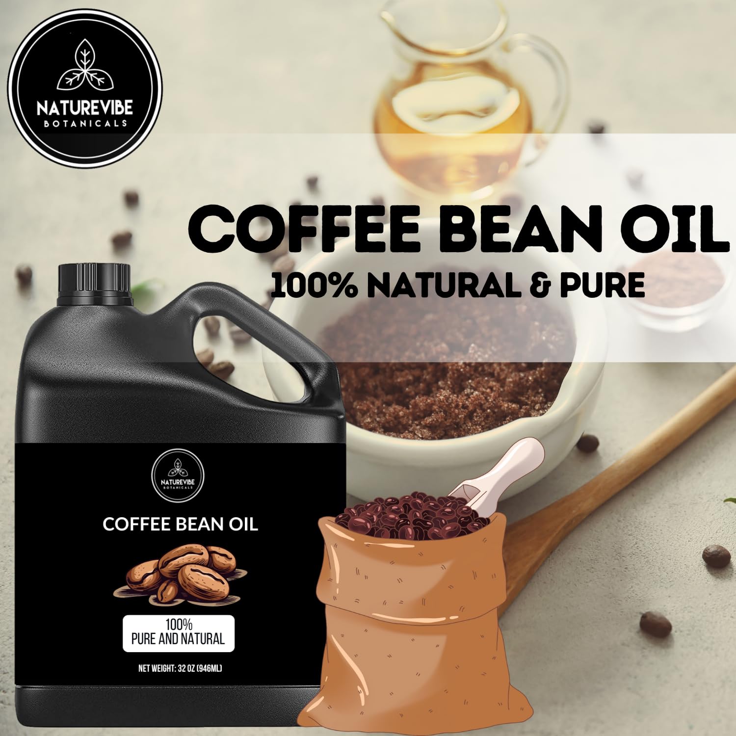 Naturevibe Botanicals Organic Coffee Bean Oil & Sweet Almond Oil Combo - 32oz Each | Cold Pressed, Unrefined Carrier Oils for Hair Growth, Skin Care & Massage Therapy