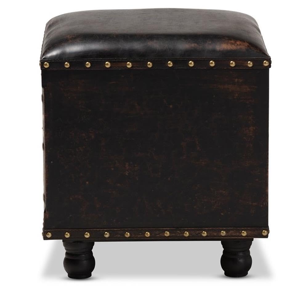 BOWERY HILL Dark Brown Faux Leather Storage Ottoman with Wooden Legs - Perfect for Living Room, Bedroom & Home Office Organization