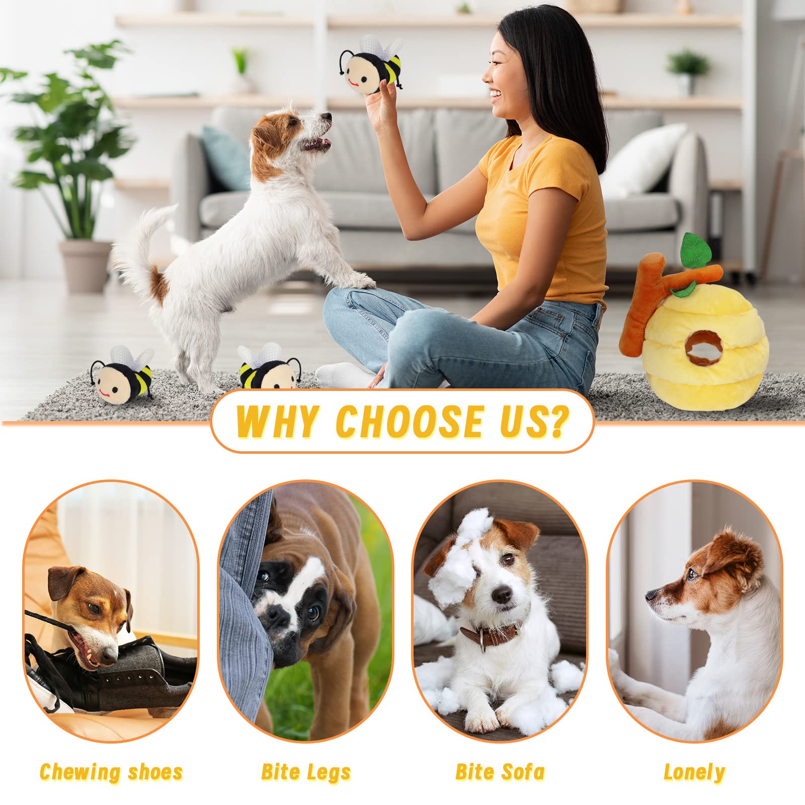 Whaline 4Pcs Interactive Dog Toys - Squeaky Bee Honey Pot Puzzle Toys for Hide & Seek, Tough Chew Teething for Small Medium Large Dogs | Fun Boredom Relief & Mental Stimulation for Puppies & Adult Dogs - Perfect for Indoor Play, Training Rewards & Outdoor Activities