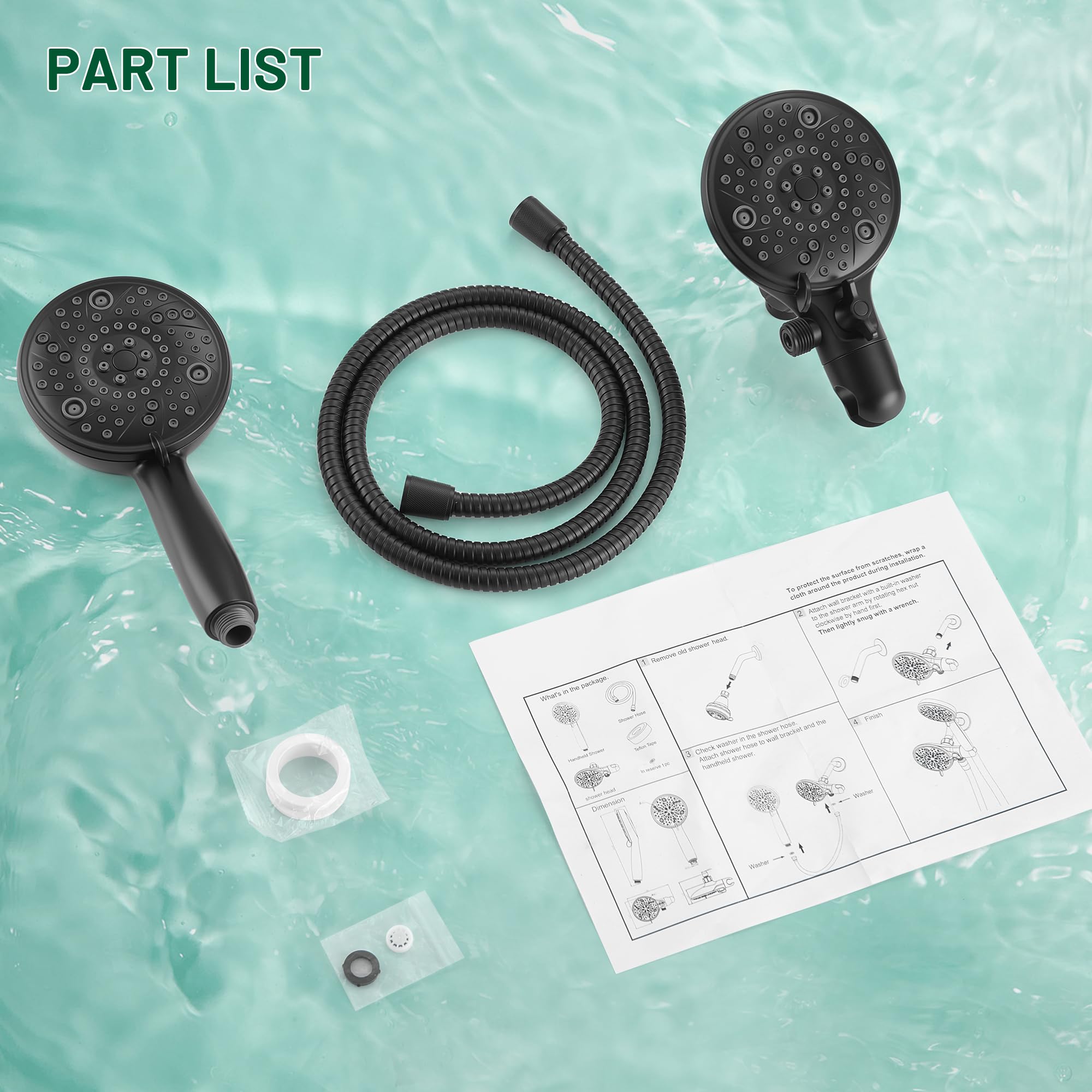 **Alesco 56-Setting Matte Black Shower Head with Handheld Spray Combo - Dual Shower Heads Set, 3-Way Shower System with 59
