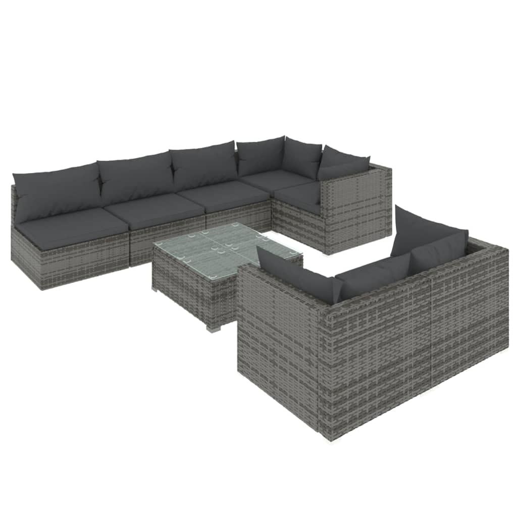 vidaXL 8-Piece Patio Lounge Set, Outdoor Garden Furniture with Cushions - Gray Poly Rattan Sectional Sofa for Backyard, Poolside & Terrace Relaxation