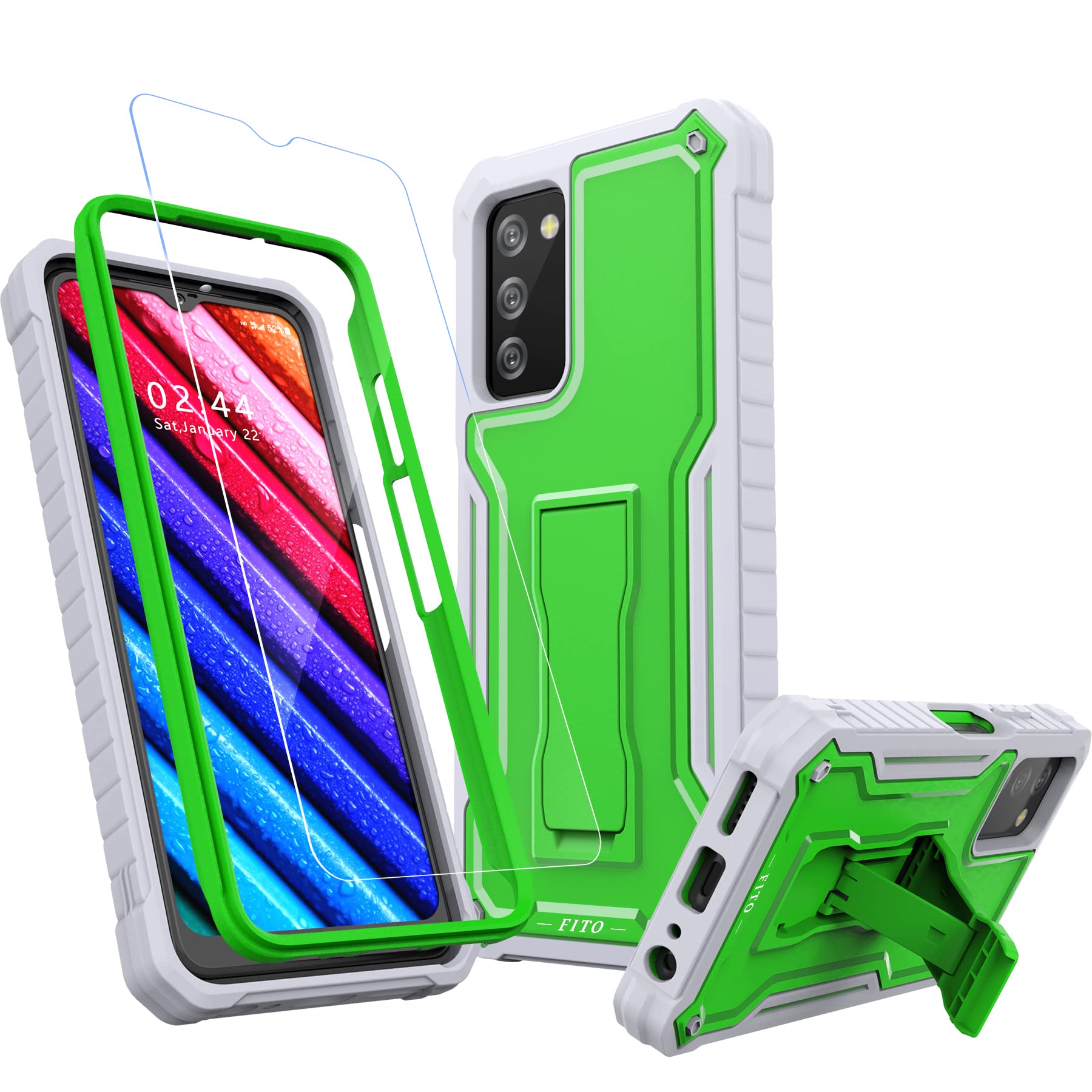 Shockproof Heavy Duty Case for Samsung Galaxy A03S 5G - Dual Layer Protection with Tempered Glass Screen Protector & Built-in Kickstand (Green) - Perfect for Outdoor Activities, Work & Travel