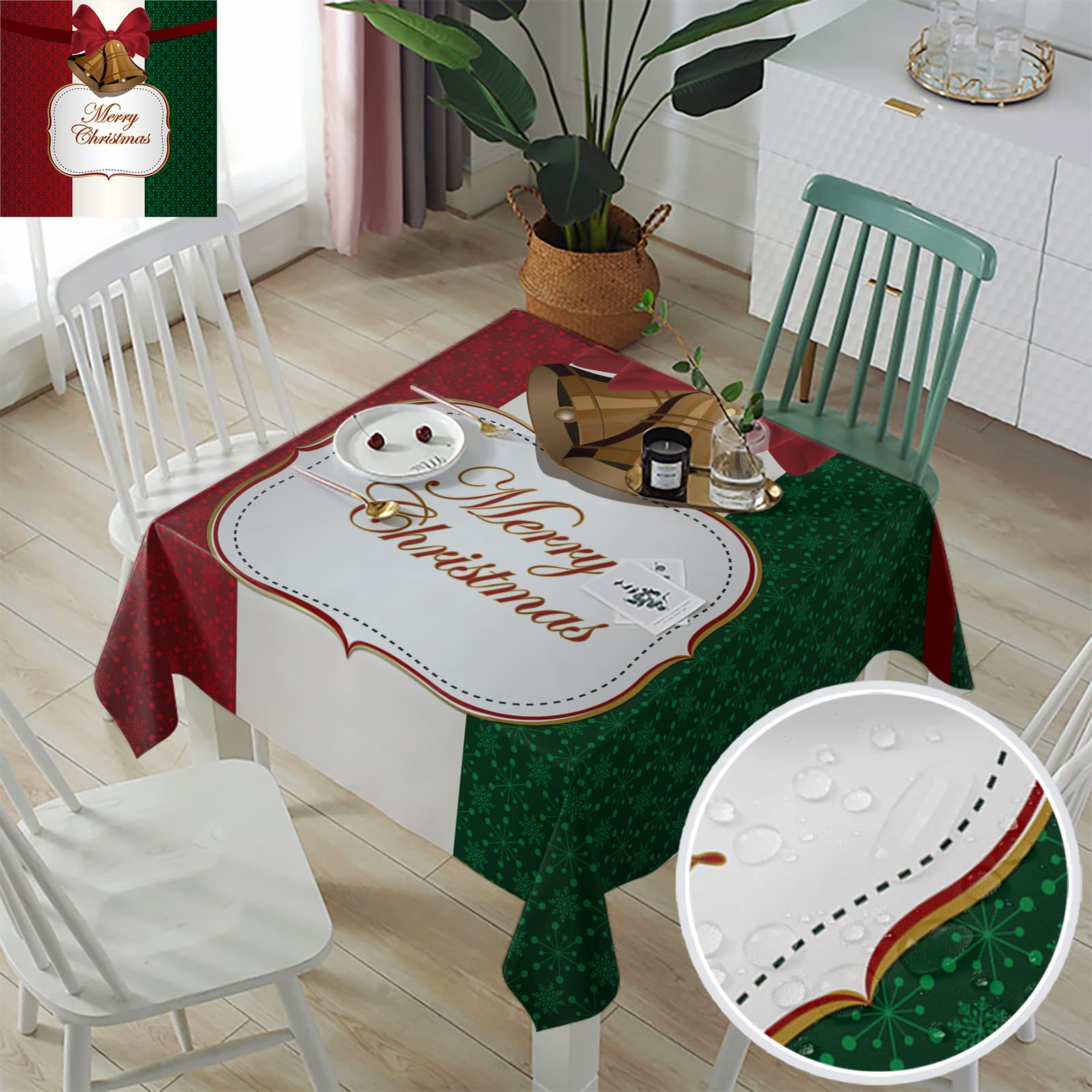 Waterproof Oil-Resistant Rectangle Tablecloth - Spill Proof Dining Table Cover for Christmas, Jingle Bells & Snowflakes Design - Red & Green Holiday Decorative Table Protector for Party, Kitchen, Picnic & Dining Room Decor