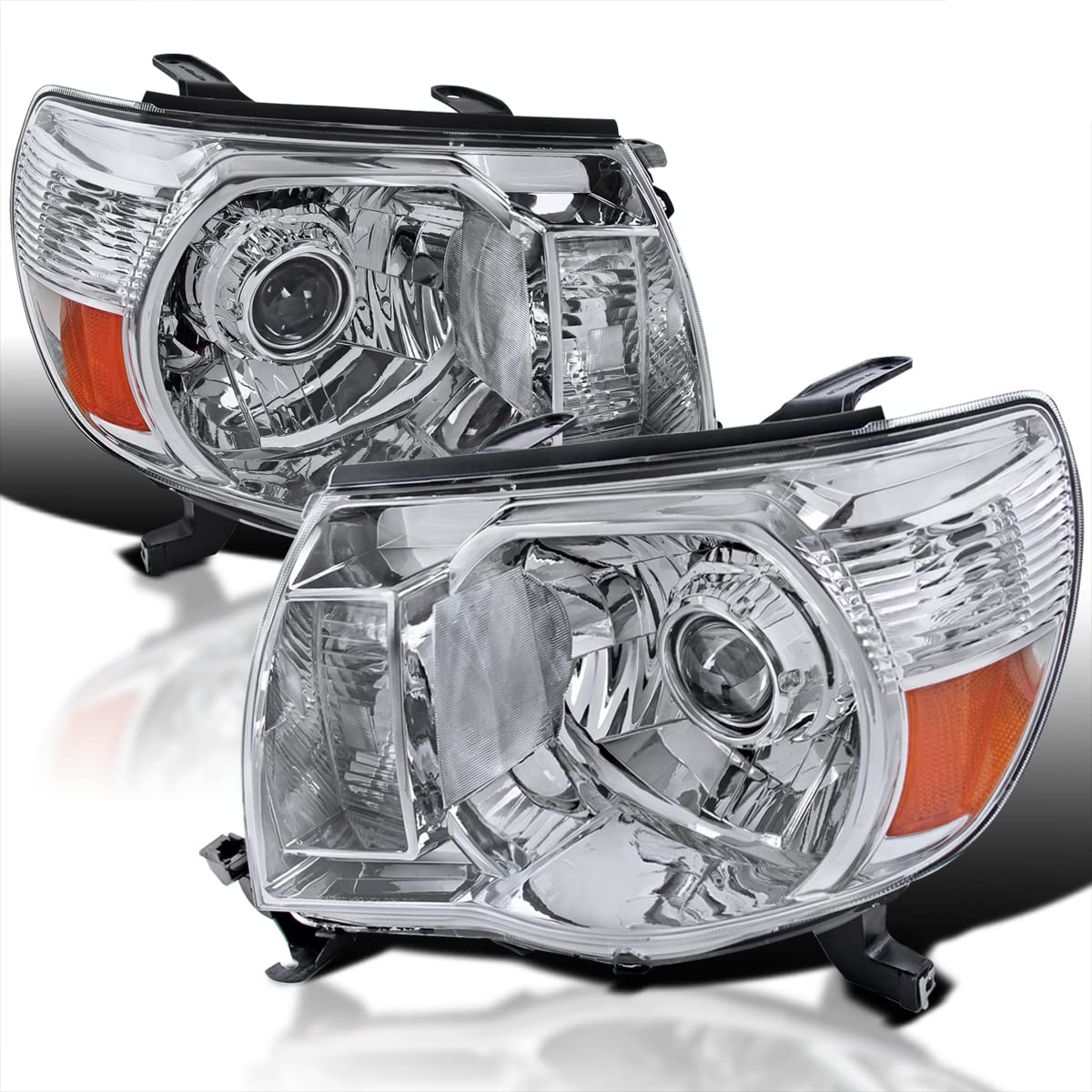 Spec-D Tuning Chrome Clear Projector Headlights with Amber Reflector - Compatible with 2005-2011 Toyota Tacoma (Left & Right Pair) - High Performance Headlamp Assembly for Improved Night Driving & Off-Road Visibility