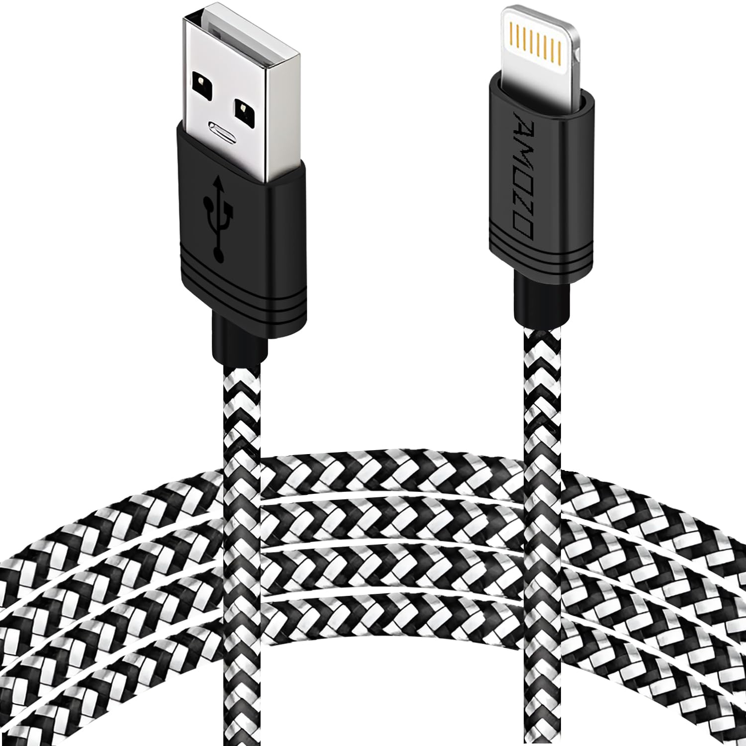 Amozo Premium Nylon Braided USB A to Lightning Cable - Fast Charging & 480Mbps High-Speed Data Sync for iPhone 14/13/12/11/X, iPad Air/Pro/Mini - Durable 2M Charger Cord (Black/White) - Perfect for Home, Office & Travel Use