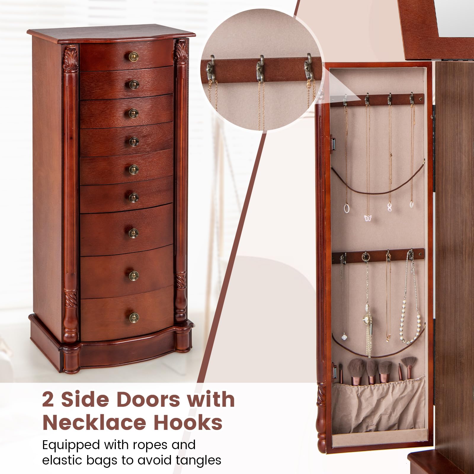 Giantex Large Jewelry Armoire Cabinet with 8 Drawers, 2 Doors & 16 Hooks - Dark Walnut Standing Mirror Storage Chest for Necklaces, Rings & Accessories | Perfect for Bedroom, Closet & Dressing Room Organization
