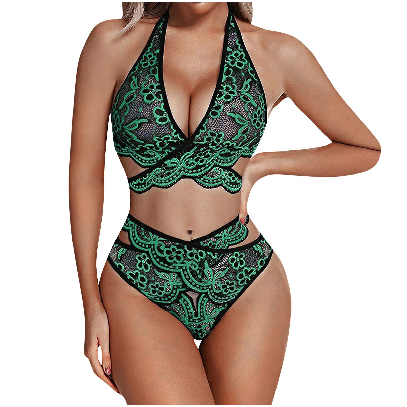 Sexy Lingerie Set for Women - Halter Bra & Panty Set with Exotic Lace Embroidery | Boudoir Sleepwear & Romantic Nights | Perfect for Valentine's Day, Honeymoon & Special Occasions