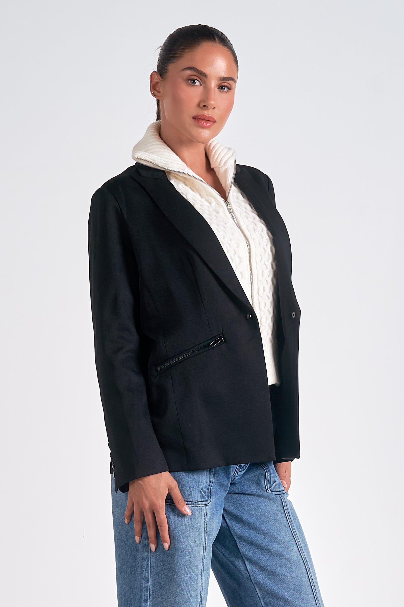 Harper Blazer Hoodie for Women - Black & Cream Zip Up Jacket with Pockets | Casual Outerwear for Work, Travel & Street Style