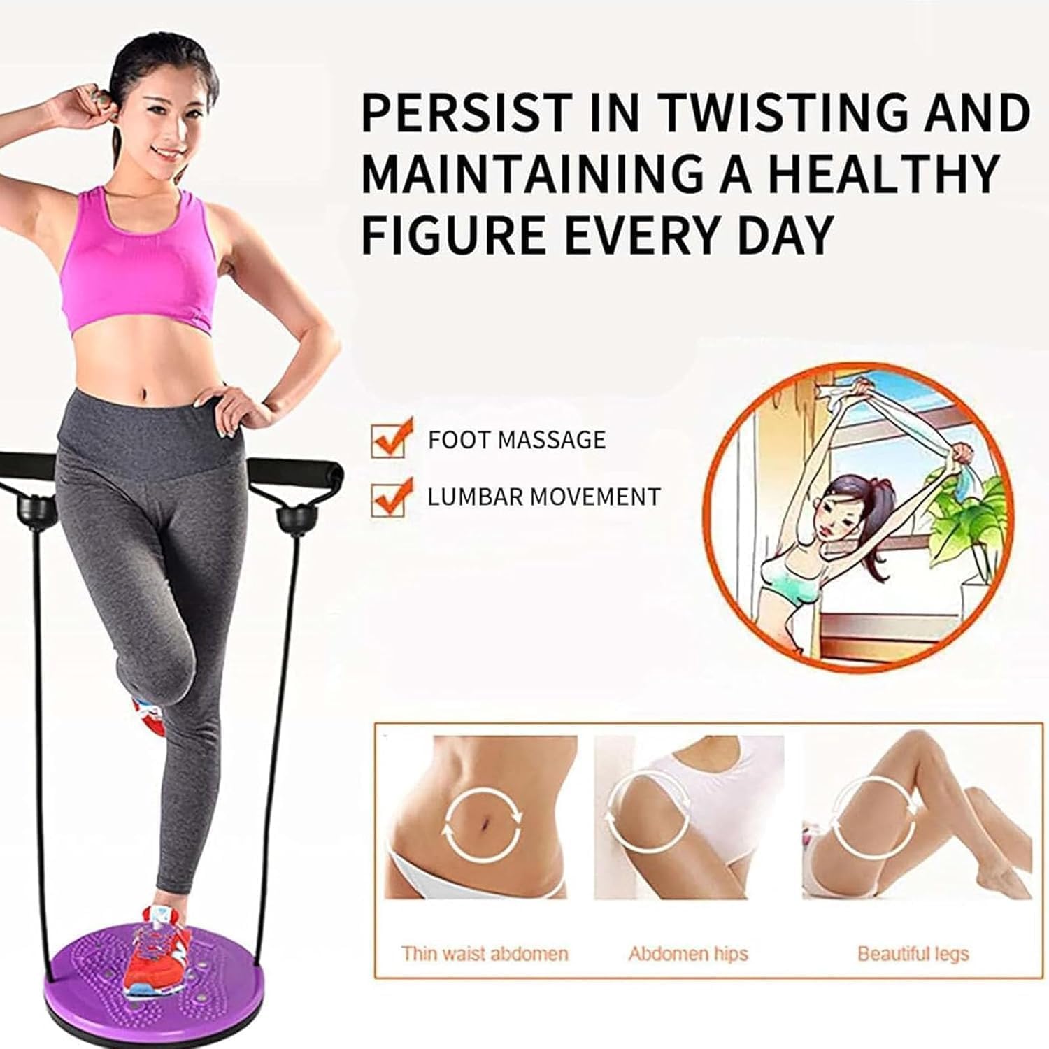10 Inch Waist Sculptor Twister Machine with Arm Bands & Handles - Body Shaping Disc for Legs, Buttocks & Hip Exercise - Purple Fitness Equipment for Home Gym & Weight Loss Workouts