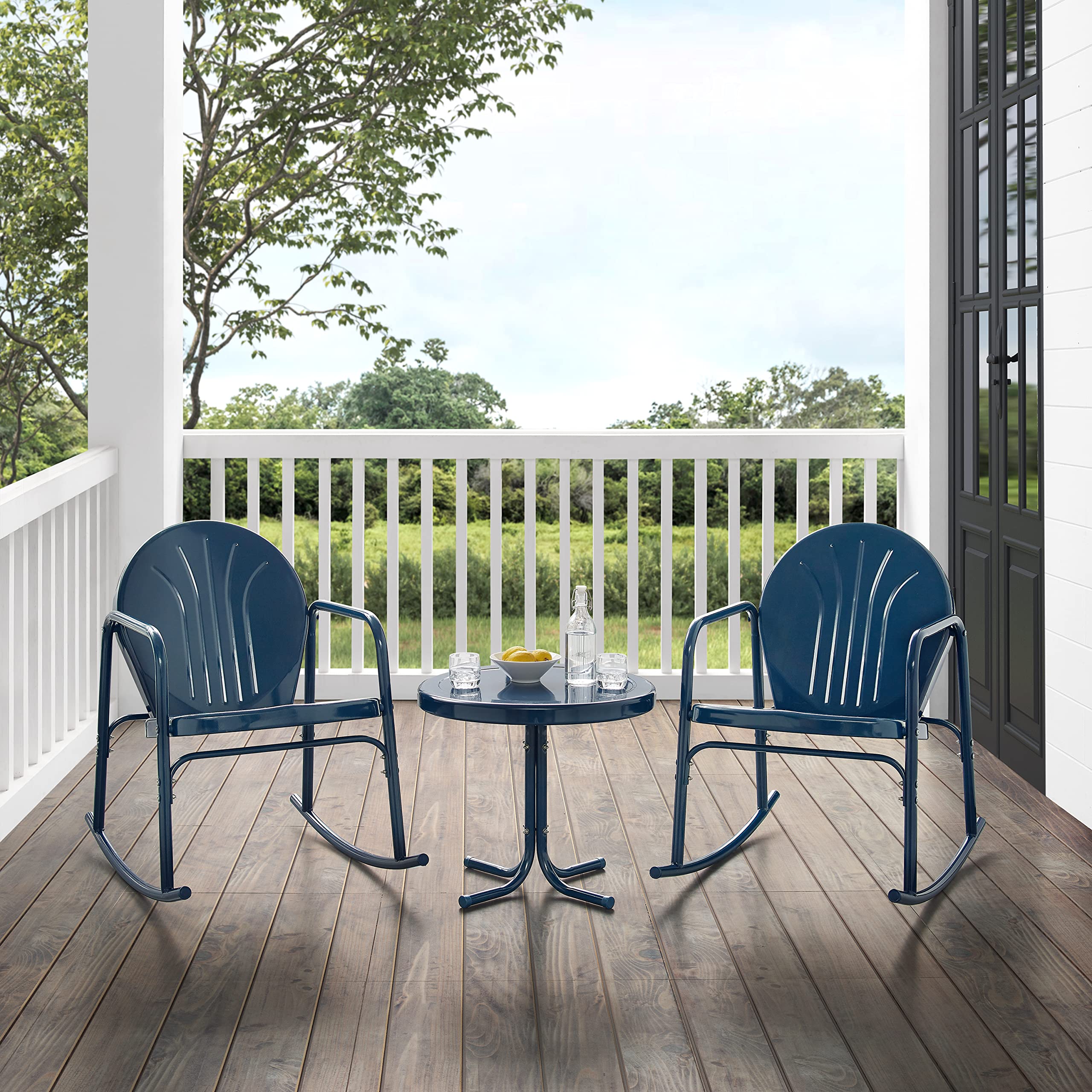 Crosley Furniture Griffith 3-Piece Outdoor Rocking Chair and Side Table Set - Retro Metal Bistro Patio Set in Navy Gloss - Perfect for Porch, Garden, Backyard & Outdoor Relaxation