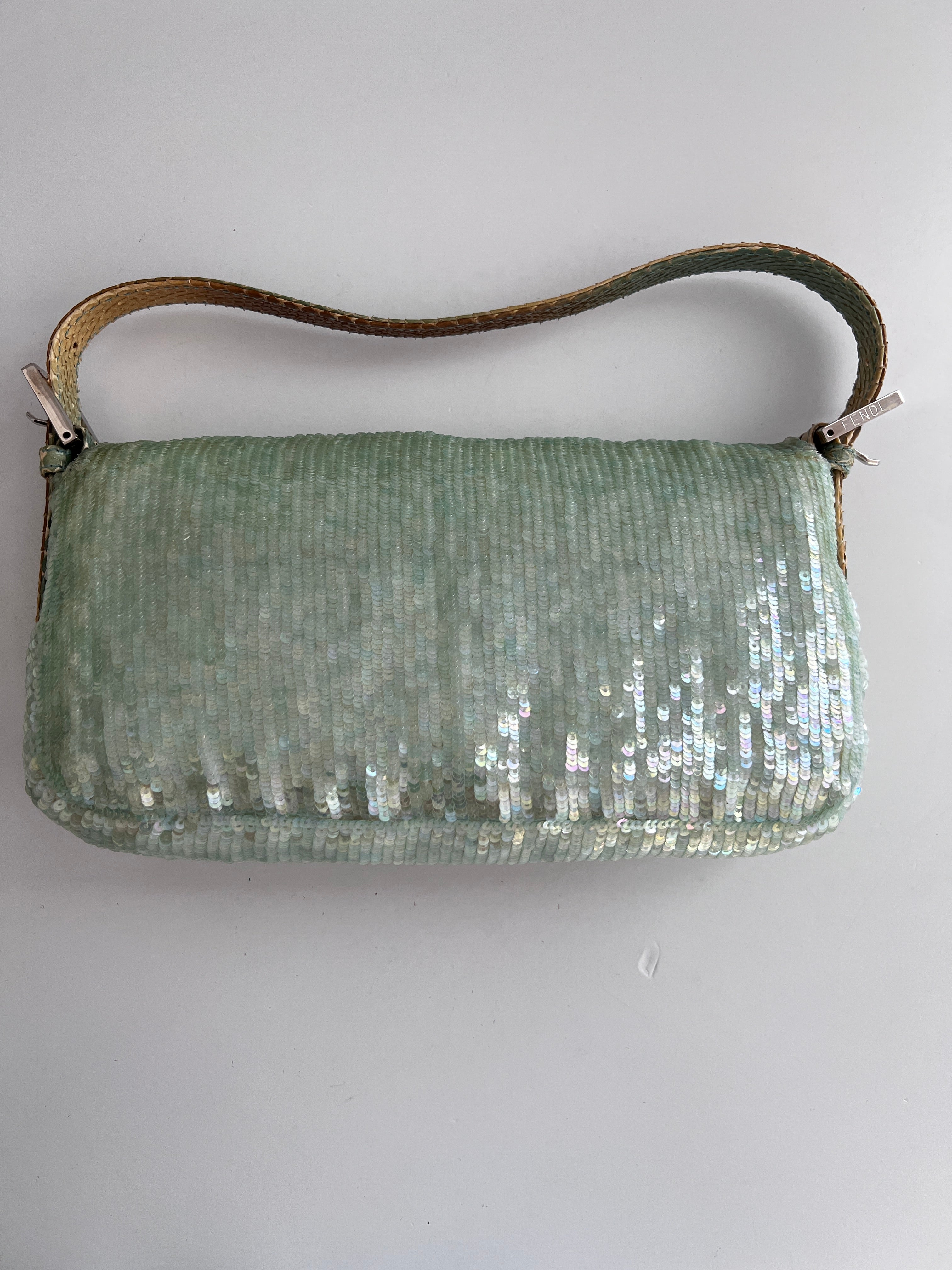 Vintage Fendi Mint Green Sequin Baguette Shoulder Bag - 90s Retro Designer Handbag for Women | Perfect for Evening Parties, Weddings & Special Occasions