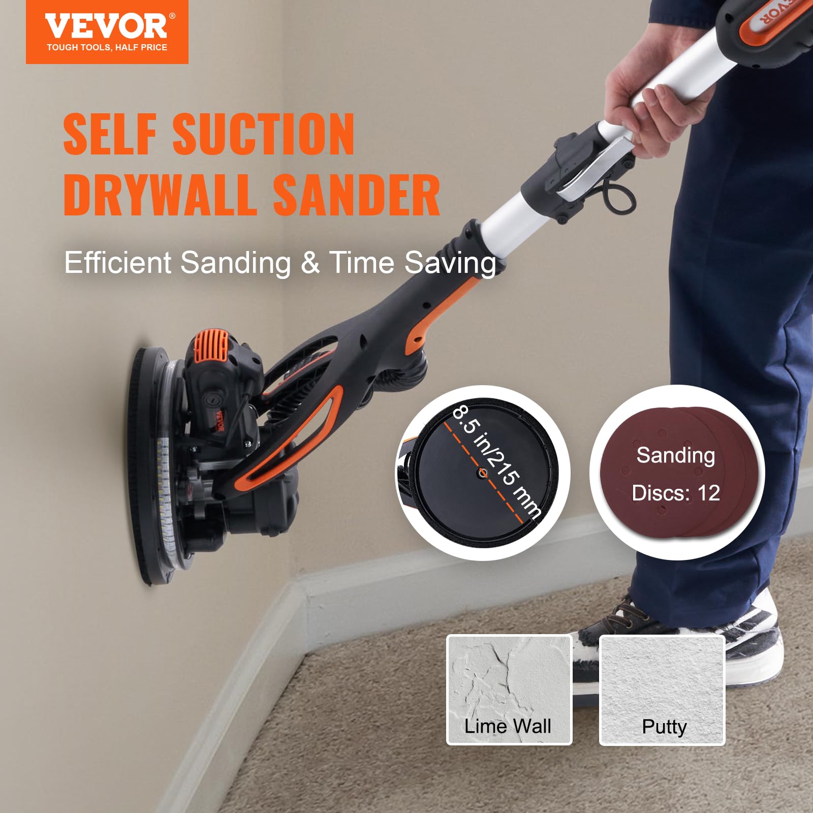 VEVOR 900W Electric Drywall Sander with 12 Sanding Discs, Variable Speed 800-1800 RPM, 3 Suction Ducts & Dust Bag - Foldable Ceiling Sander with Extendable Handle & 2 LED Lights for Wall and Ceiling Sanding - Perfect for Home Renovation, DIY Projects, and Professional Construction Work