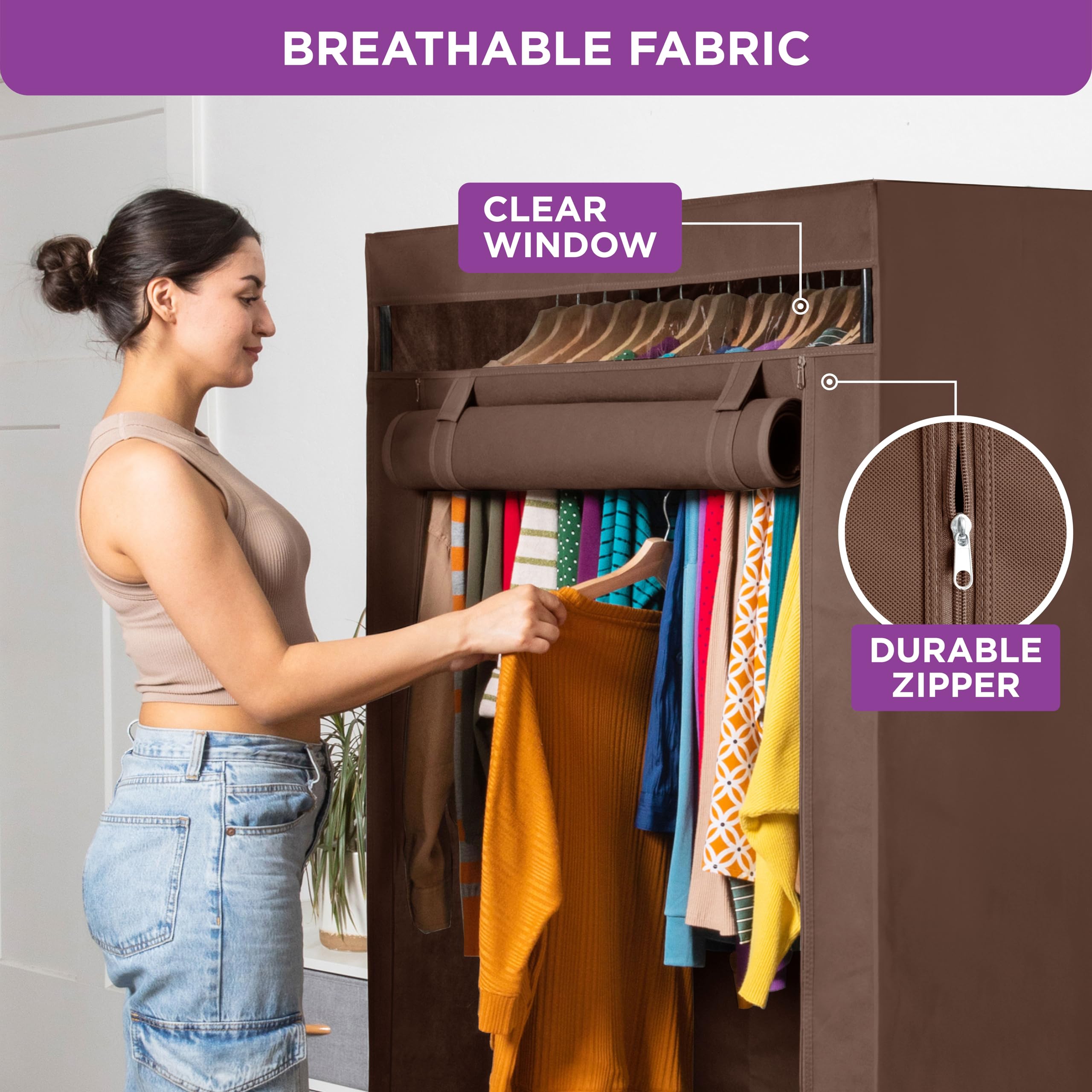 Premium HOLDN’ STORAGE Portable Wardrobe Closet with Metal Hanging Rod & Beige Cover - 65 Lb. Weight Capacity - Easy No-Tool Assembly (Brown) - Perfect for Travel, Camping, Dorm Rooms & Temporary Storage