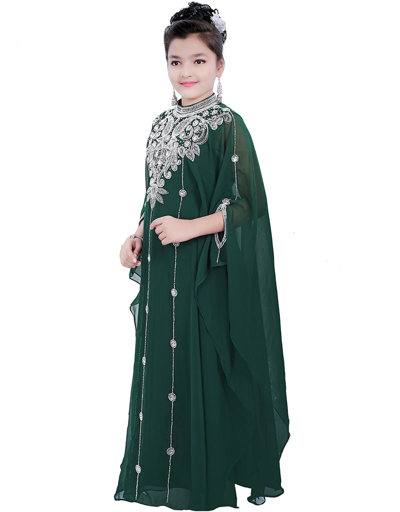 Elegant Dark Green Georgette Farasha Dress with Hand Zari Embroidery - Perfect for Weddings, Parties & Special Occasions
