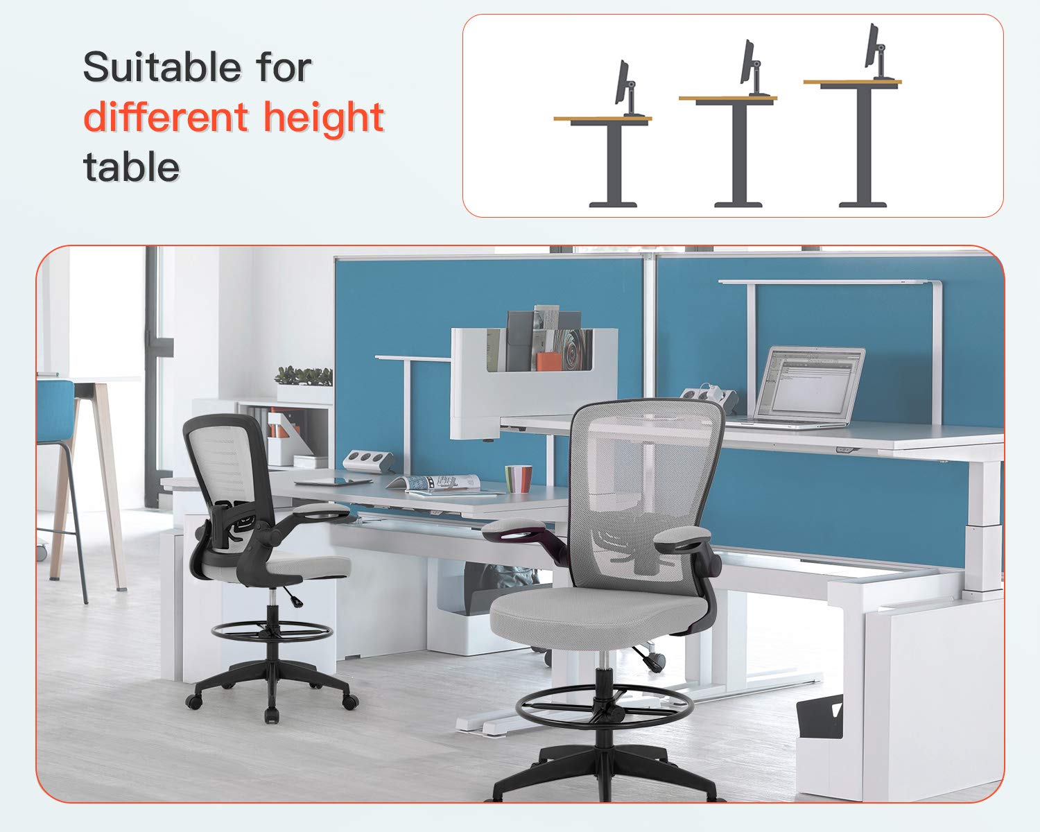 **Ergonomic Drafting Chair - Adjustable Height Office Chair with Lumbar Support, Armrests & Footrest - Mesh Back Swivel Rolling Stool for Standing Desk, Computer Work & Home Office (Grey)**    *(Perfect for Architects, Designers, Gamers & Long-Hour Work Sessions)*