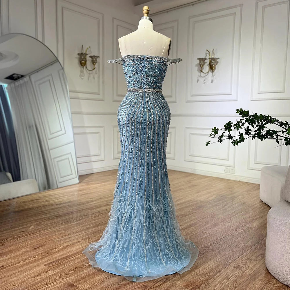 Luxury Dubai Caramel Spaghetti Strap Mermaid Gown with Feathers & Beads - Saudi Arabian Evening Dress for Formal Occasions LA72715 | Perfect for Weddings, Galas, Red Carpet Events & Special Celebrations