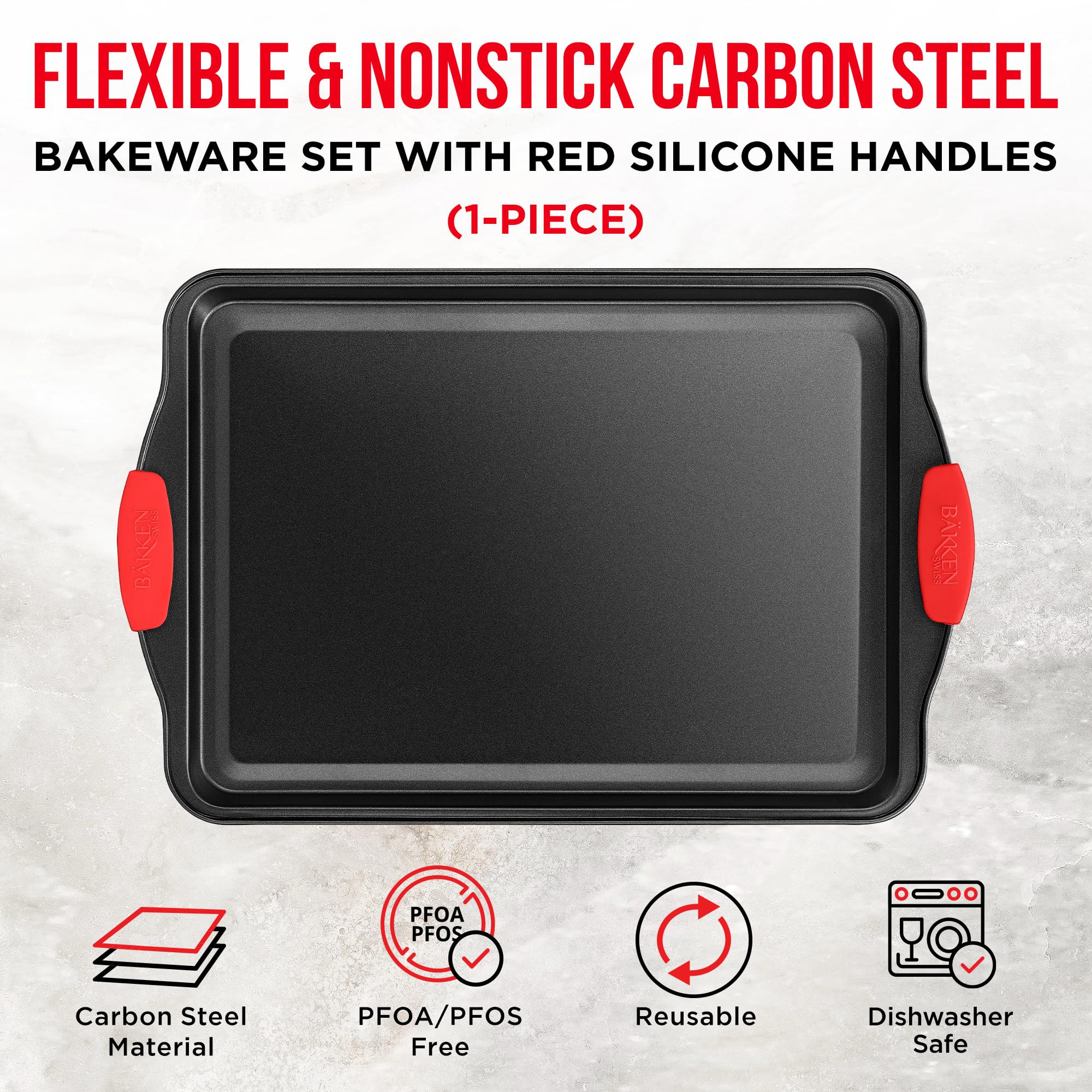 Nonstick Carbon Steel Cookie Sheet Pan with Red Silicone Handles - Medium Baking Tray with Gray Coating for Oven, Baking Cookies, Roasting Vegetables & More - Perfect for Home Kitchen & Commercial Use