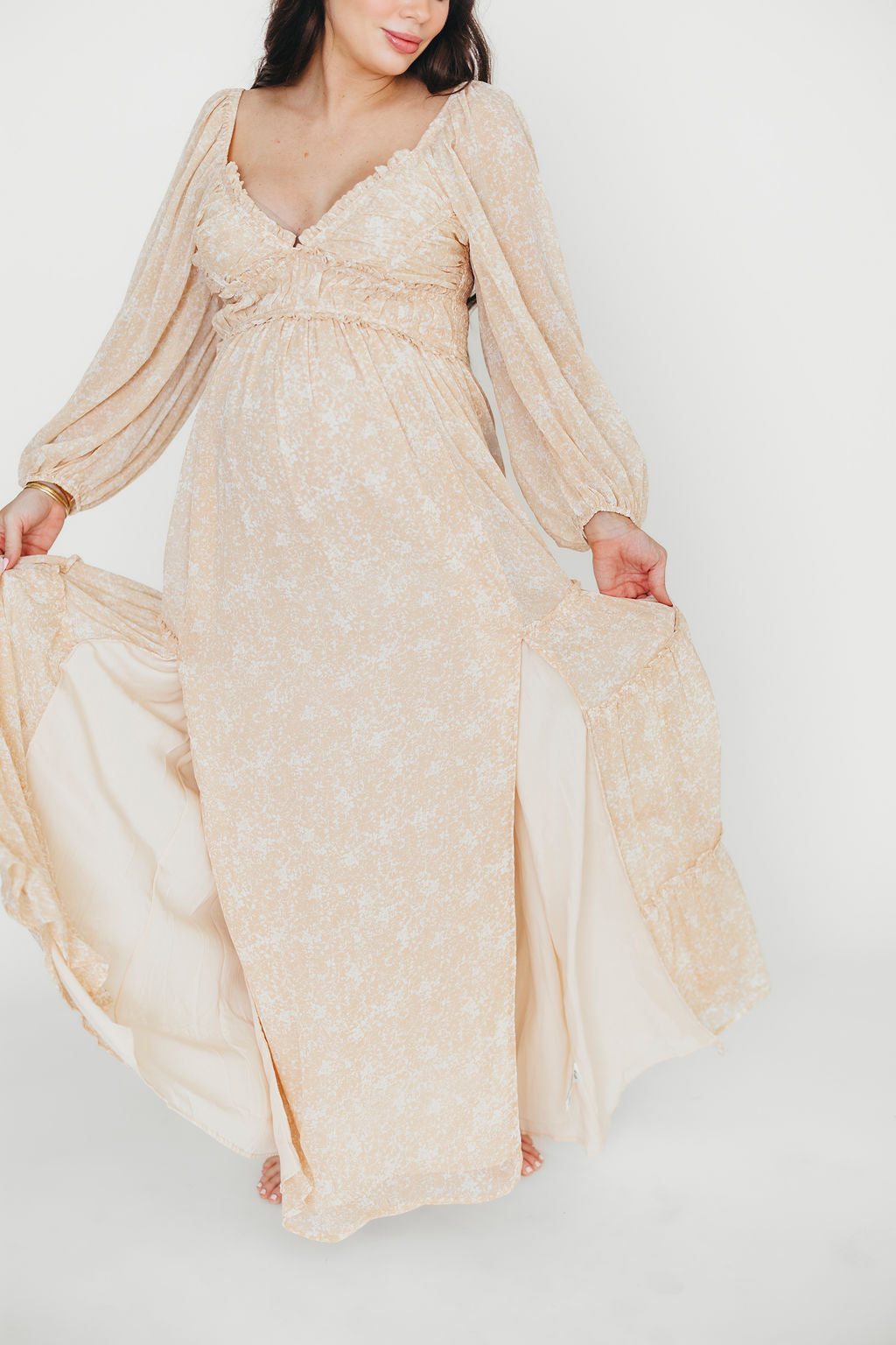 Daphne Long Sleeve Maxi Dress - Light Beige/White Floral Print | Bump Friendly Maternity & Inclusive Sizing (XS-3XL) | Perfect for Pregnancy, Weddings & Special Occasions