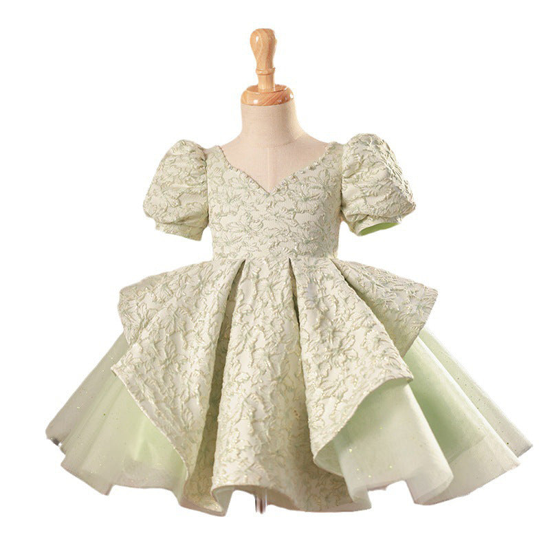 Adorable Green V-Neck Puffy Mesh Baby Girl Dress for Toddler Birthday Party | Soft & Comfortable Toddler Outfit for Special Occasions, Photo Shoots & Family Gatherings