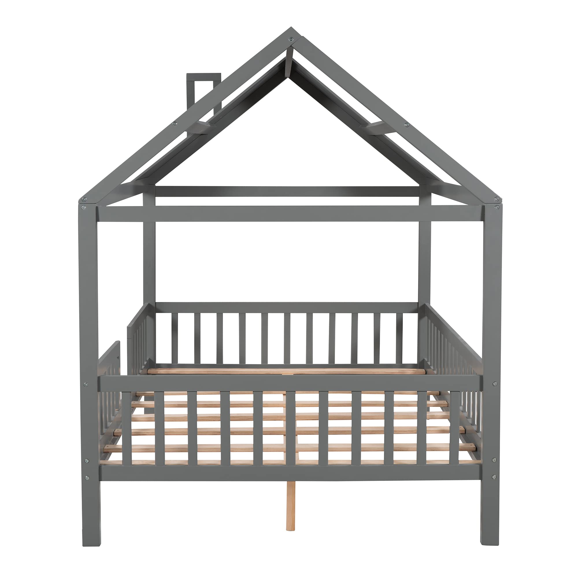 Merax Full House Bed for Kids - Wooden House-Shaped Bed Frame with Roof Windows & Safety Rails - Grey - Perfect for Kids' Bedroom, Playroom & Sleepovers