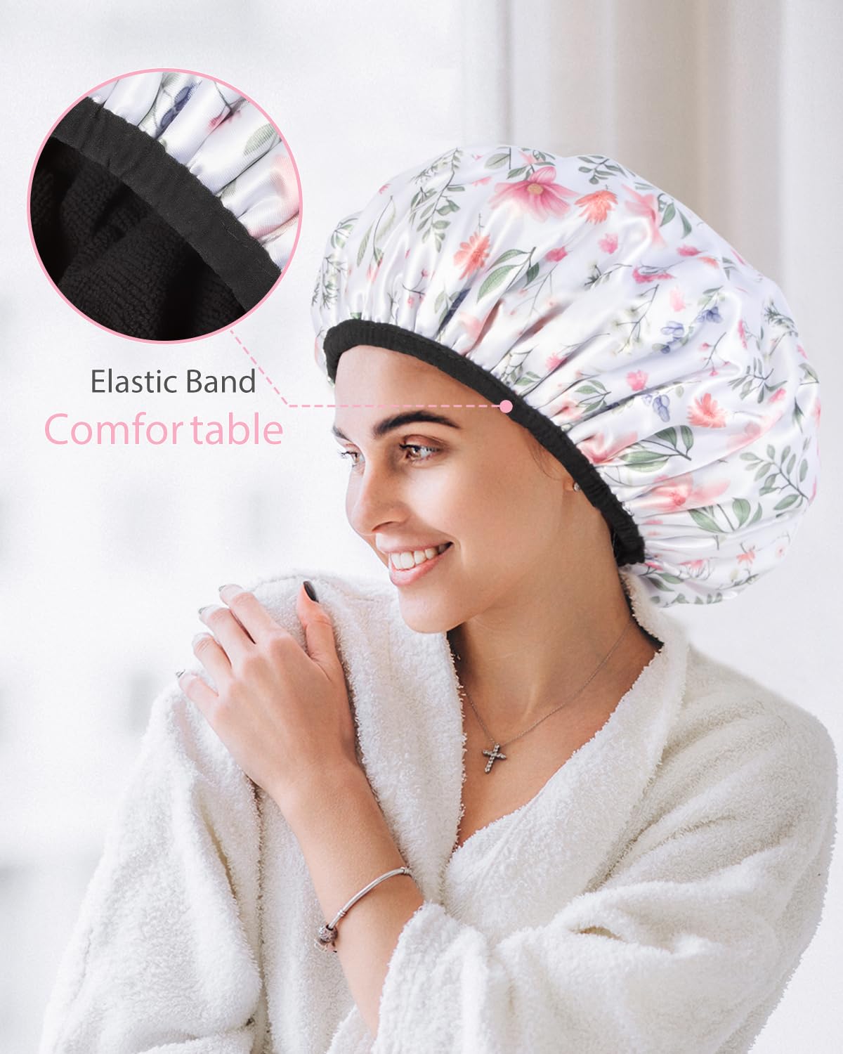 Auban Terry Lined Shower Cap for Women - Large Triple Layer Waterproof Shower Cap with Terry Cloth Lining for Long Thick Hair | Reusable Bath & Swim Hair Protection for Shower, Spa & Travel